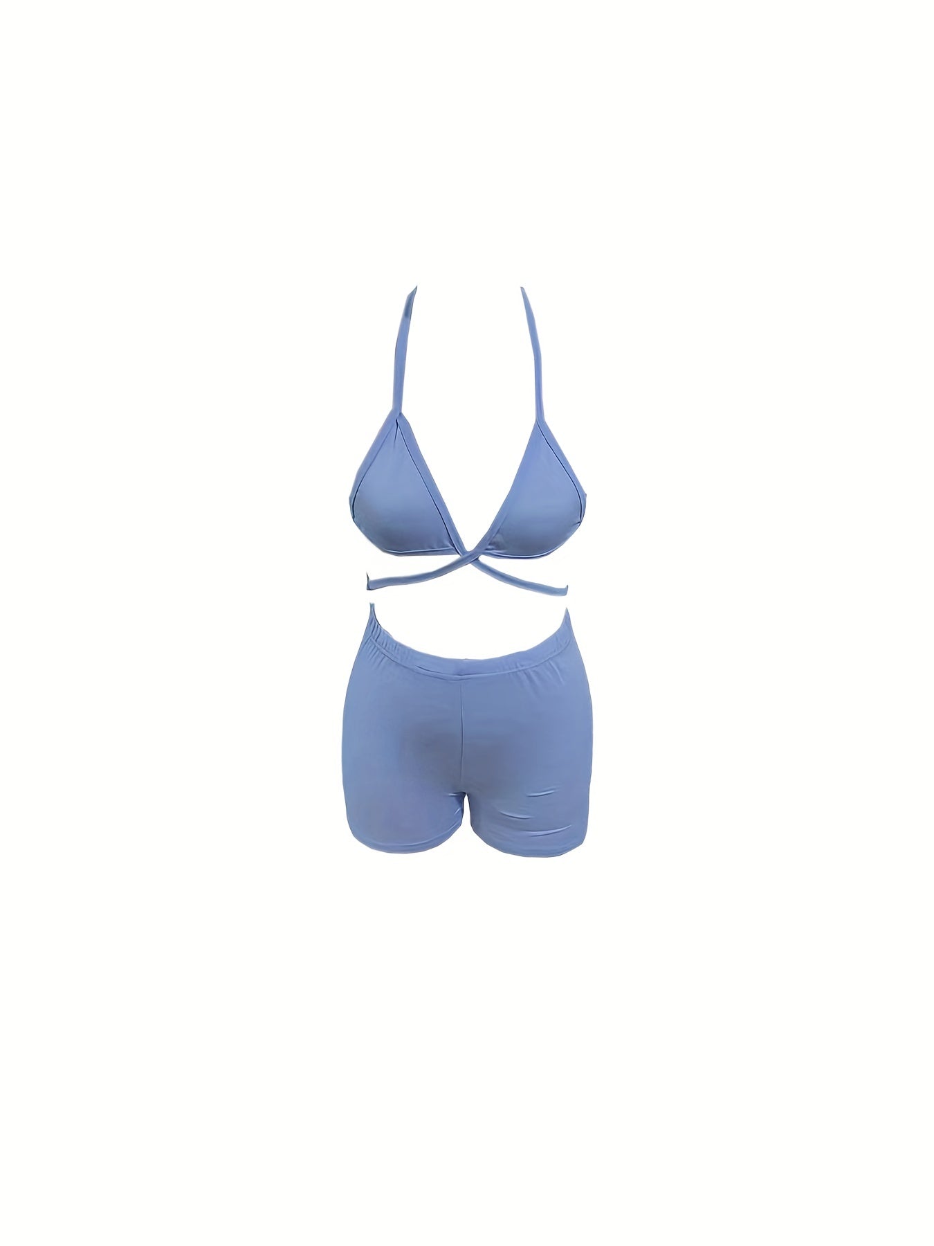 Sexy Solid Two-piece Set, Halter Neck Crop Top & Elastic Waist Shorts Outfits, Women's Clothing