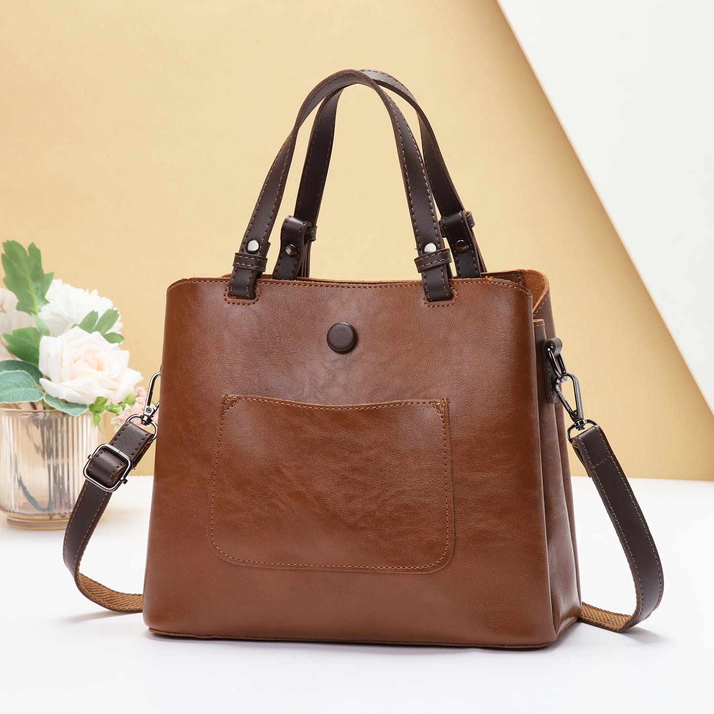 Women's Vintage Handbag with Detachable Crossbody Strap - Large Capacity Tote & Shoulder Bag, Golden-Tone Hardware, Zipper Closure, Lining, Golden-Tone Hardware - Elegant Brown/Beige/Coffee/Red/Black, Versatile for Work, Trav