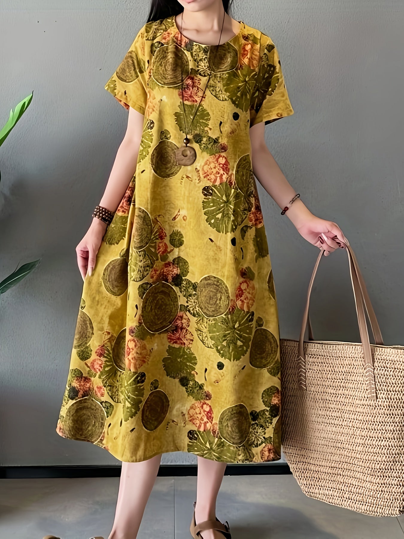 1pc Elegant Linen Tunic Dress for Women, 100% Linen Woven Crew Neck with Pocket Detail, Floral Print, Suitable for Spring/Summer/Fall