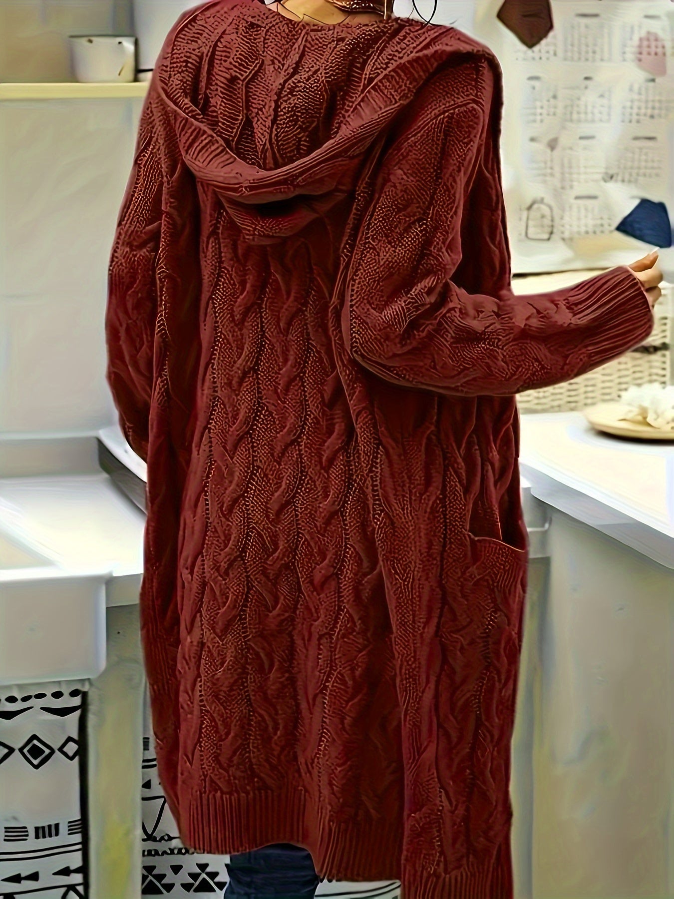 Women's Mid-Length Hooded Cardigan - Soft Stretchy Solid Color Long Sleeve Open Front Sweater with Pockets, Machine Washable Casual Elegance for Fall Winter, Everyday Comfort Wear, Stylish Hooded Design, Comfortable Fit