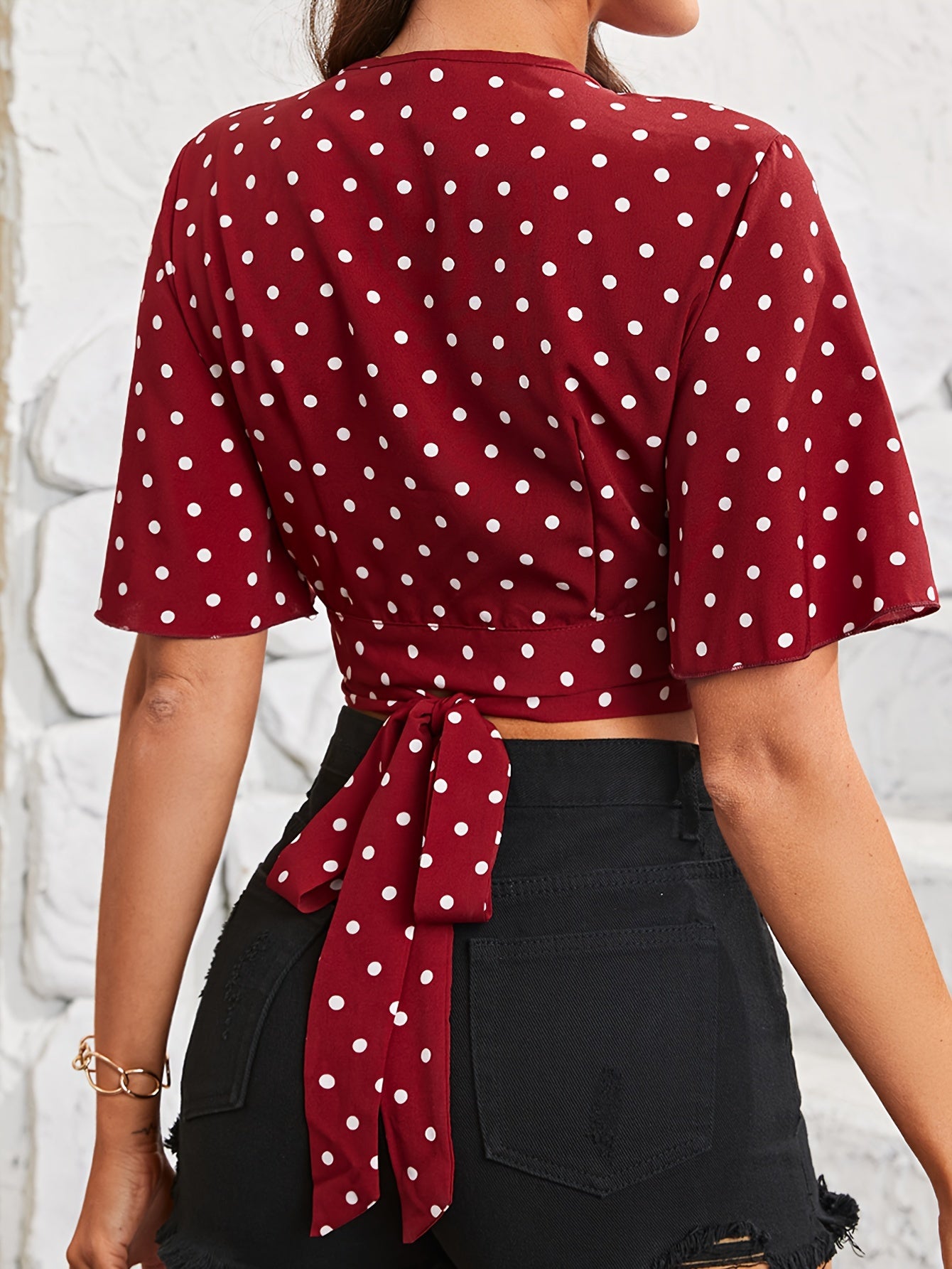 Polka Dot Print Surplice Neck Blouse, Elegant Ruffle Sleeve Crop Top For Spring & Summer, Women's Clothing