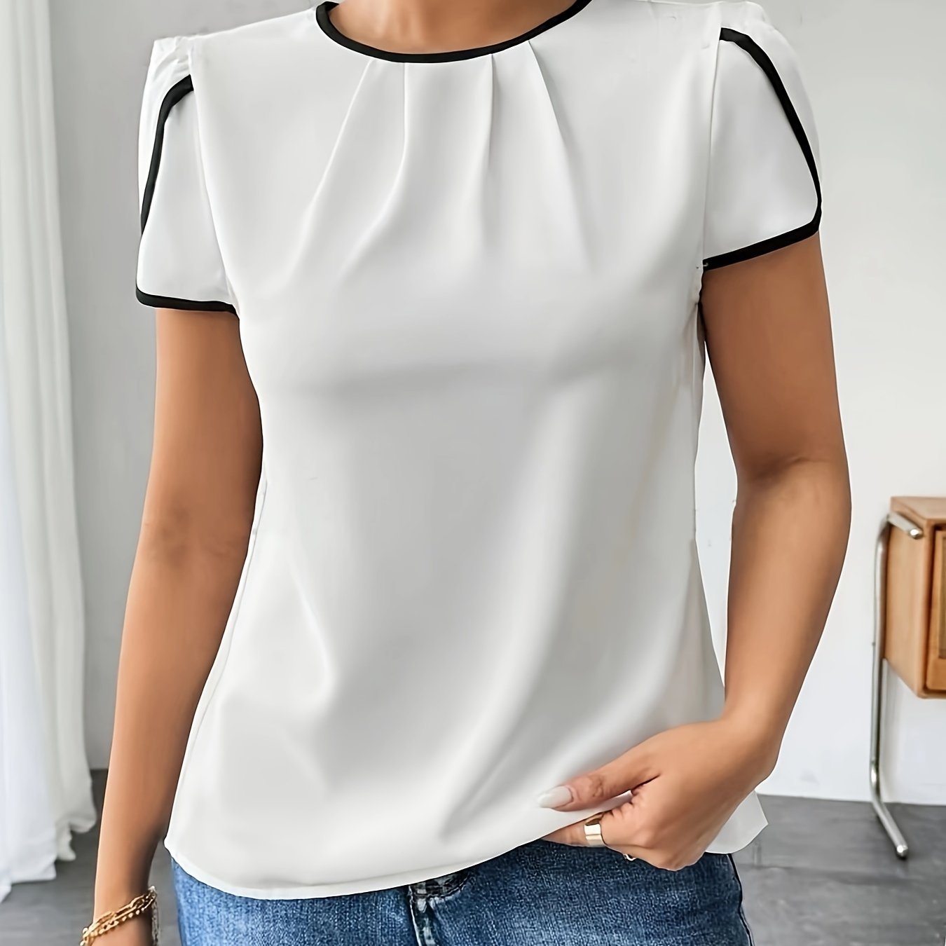Contrast Trim Petal Sleeve Blouse, Elegant Crew Neck Blouse For Spring & Summer, Women's Clothing