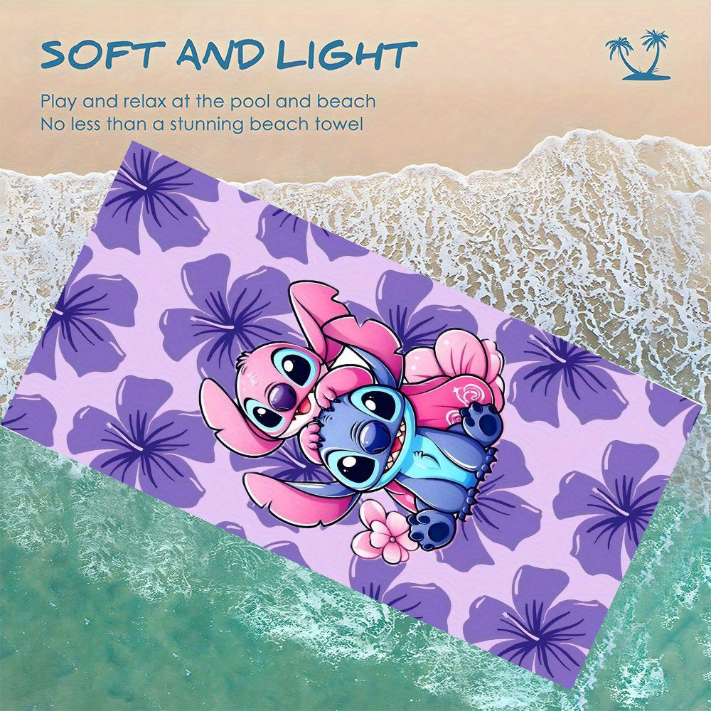 1pc Stitch Beach Towel - Soft Microfiber, Quick-Dry, Vibrant Purple & Pink Floral Design, Perfect for Yoga, Travel, Swimming, Fitness, Camping - Ideal St. Patrick'S Day Gift, Beach Accessories | Playful Design | Quick Dry Tow