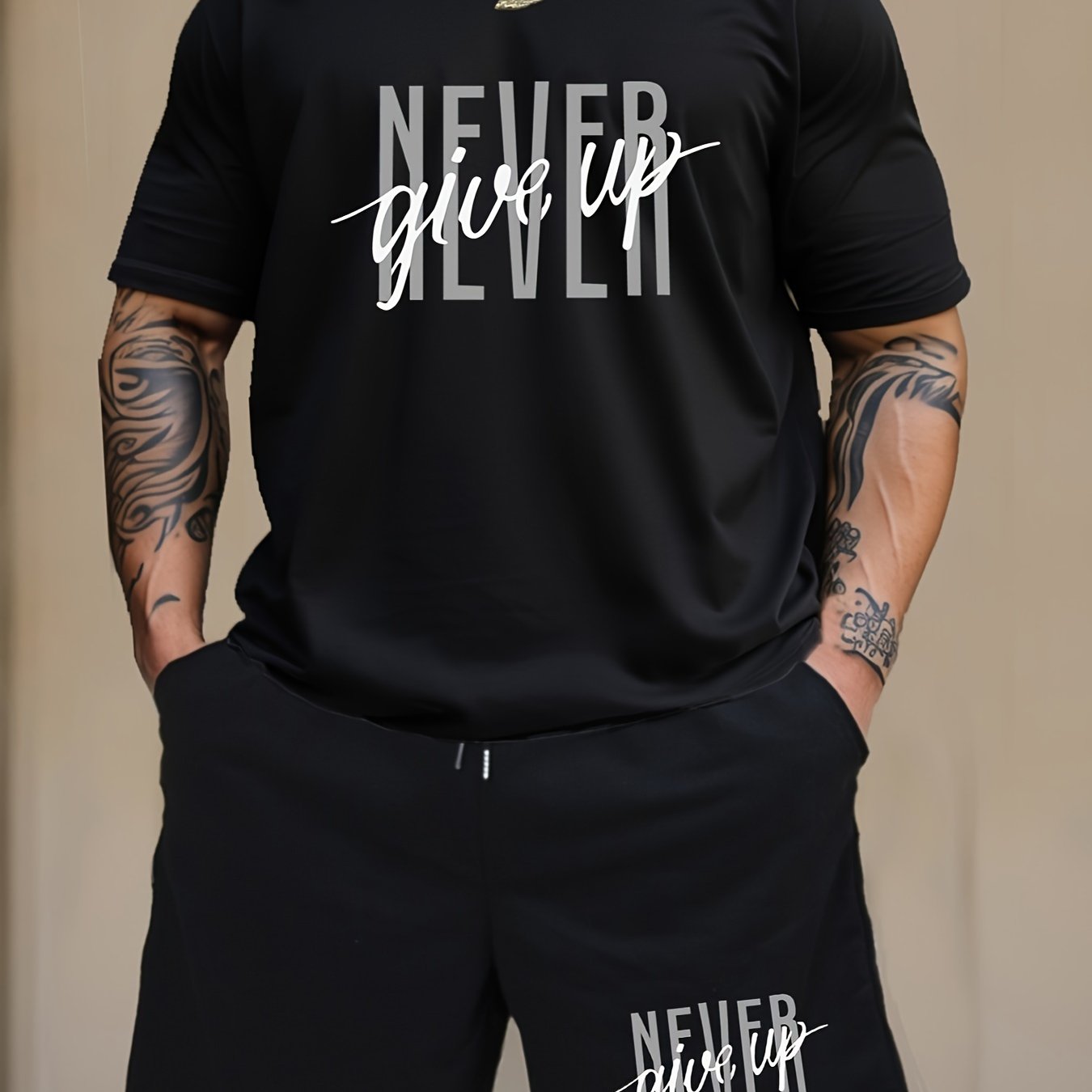 Men's Fashion NEVER GIVE UP Letter Print Loungewear Set, Short Sleeve Crew Neck Graphic T-shirt & Drawstring Shorts With Pockets, Casual Pajama Set, Men's 2piece Outfits