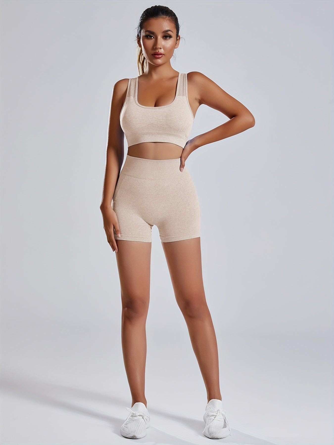 Women'S Seamless Sports Yoga Set, Summer New High Stretch Knit Fabric, Solid Color Polyamide 90% Elastane 10%, Short Length Fitness Gym Wear with Backless Bra and Butt Lifting Yoga Pants