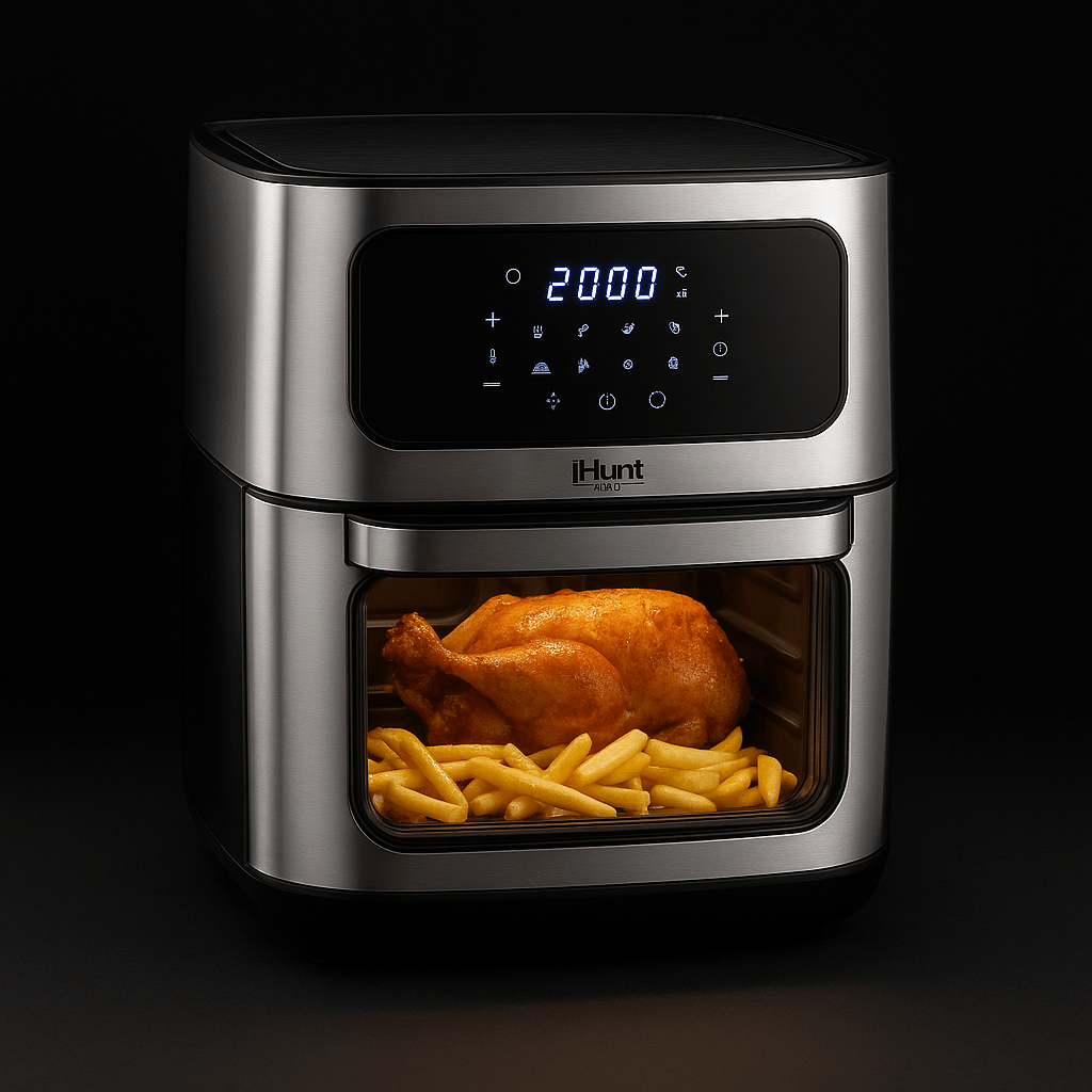 Hot Air Fryer with Rotisserie Without Oil Ihunt Bro Air Fryer 12L Rotary XL, 1800W, 360-Degree Air Circulation, Premium Inox Body, 10 Cooking Functions, Adjustable Temperature, Defrosting, Double Compartment with 3 Cooking Zo