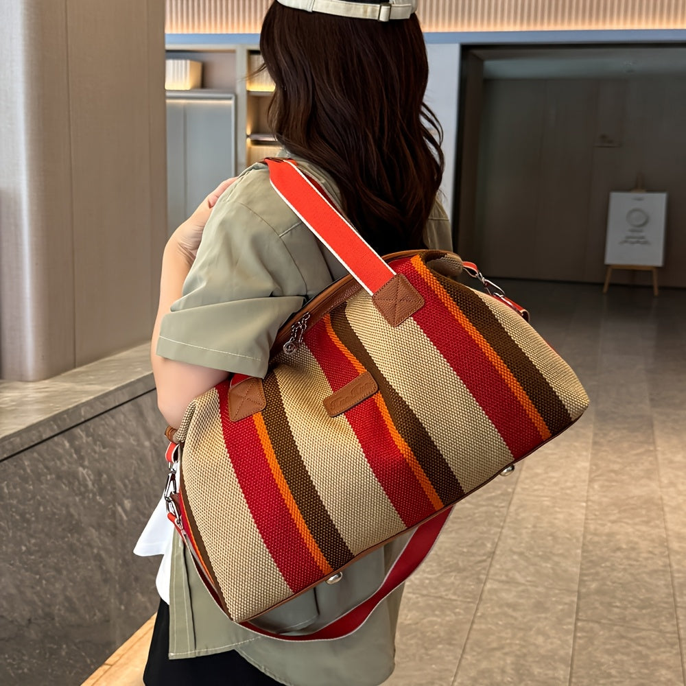 HUOHUO Women's Large Capacity Retro Striped Travel Handbag & Carry-On Luggage - Lightweight Nylon Suitcase with Adjustable Strap, Golden-Tone Hardware, Zipper Closure & Lining - Casual & Formal Use for Airplane, Train, Car Tr