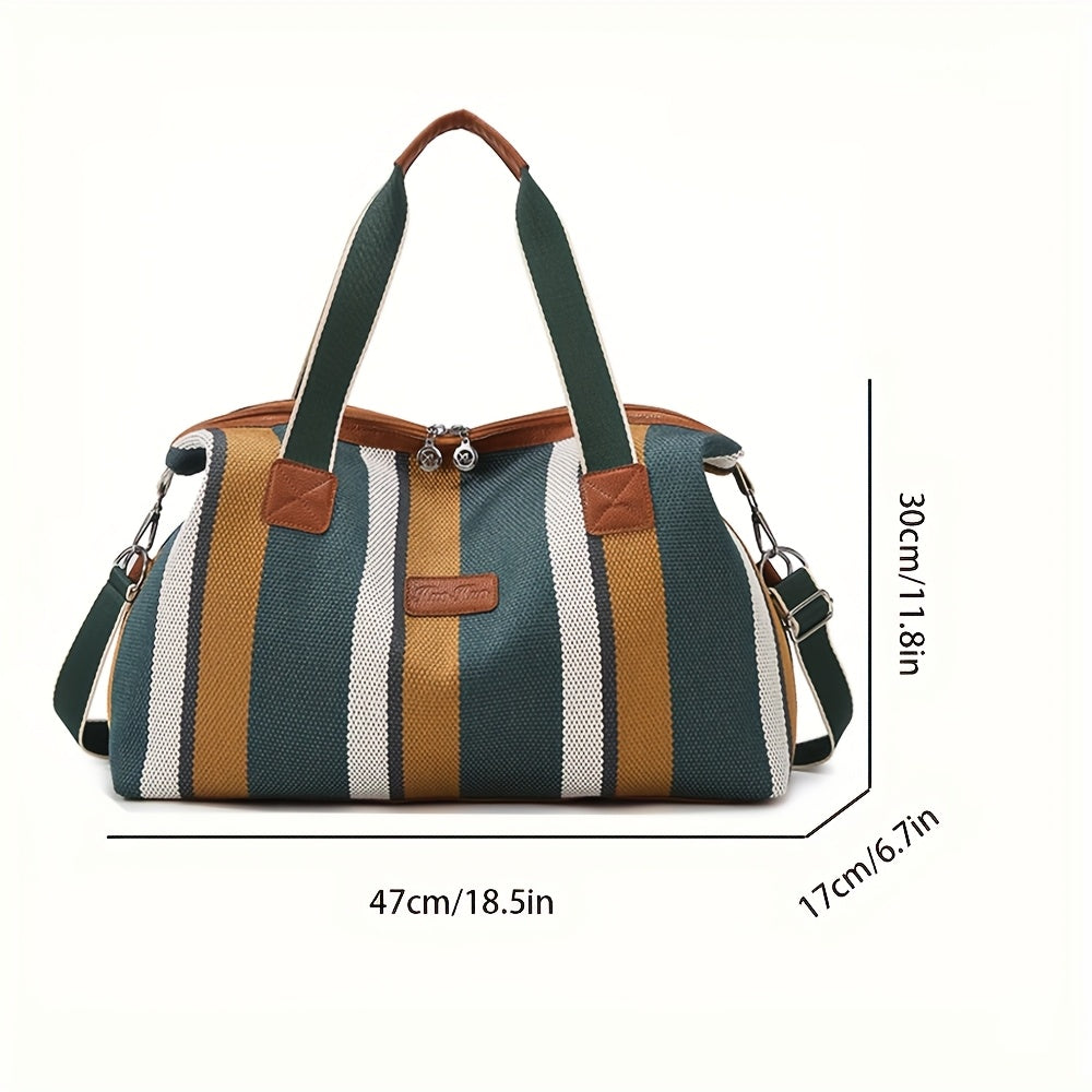 HUOHUO Women's Large Capacity Retro Striped Travel Handbag & Carry-On Luggage - Lightweight Nylon Suitcase with Adjustable Strap, Golden-Tone Hardware, Zipper Closure & Lining - Casual & Formal Use for Airplane, Train, Car Tr