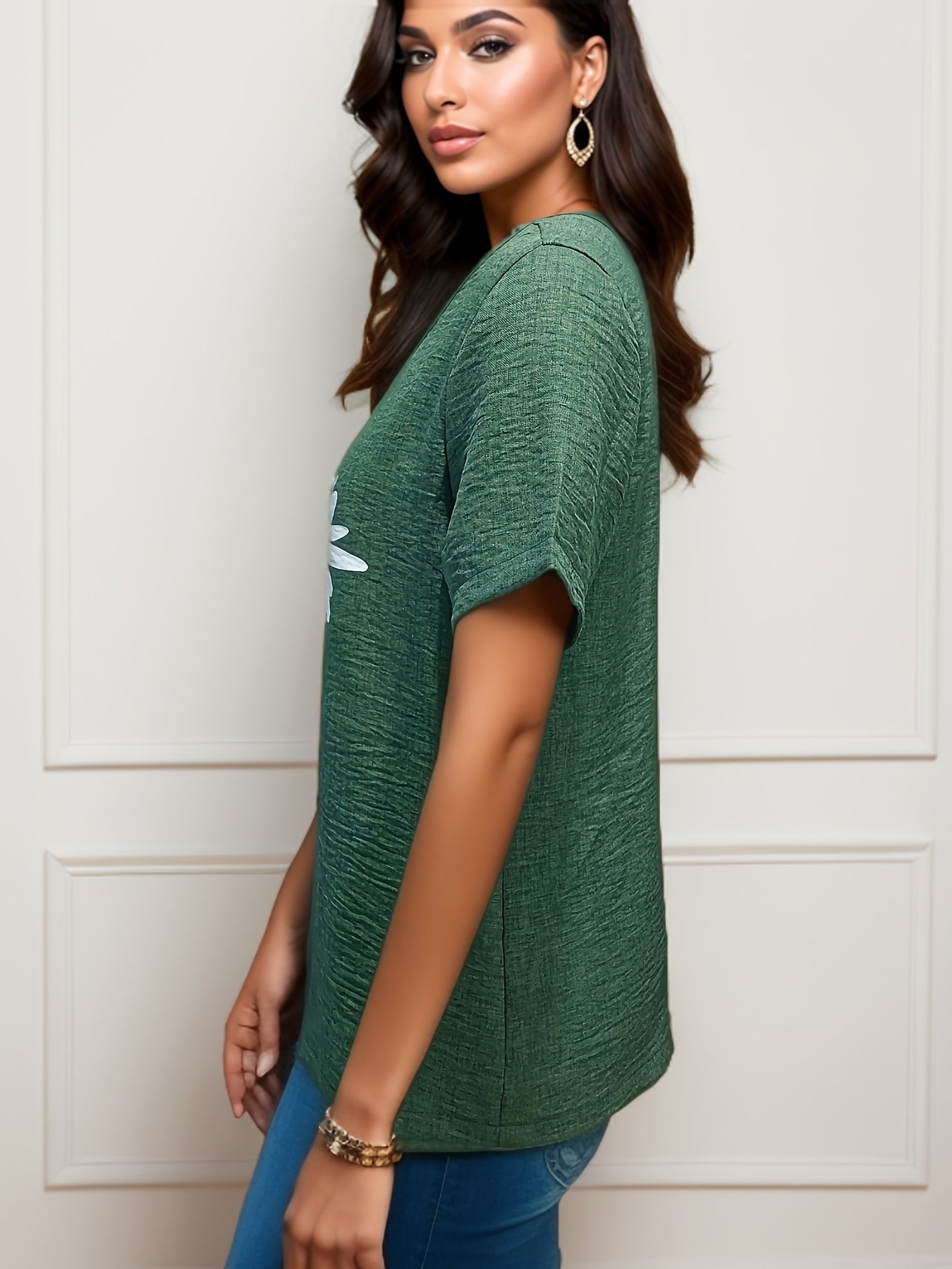 Floral Print Crew Neck Blouse, Casual Short Sleeve Blouse For Spring & Summer, Women's Clothing