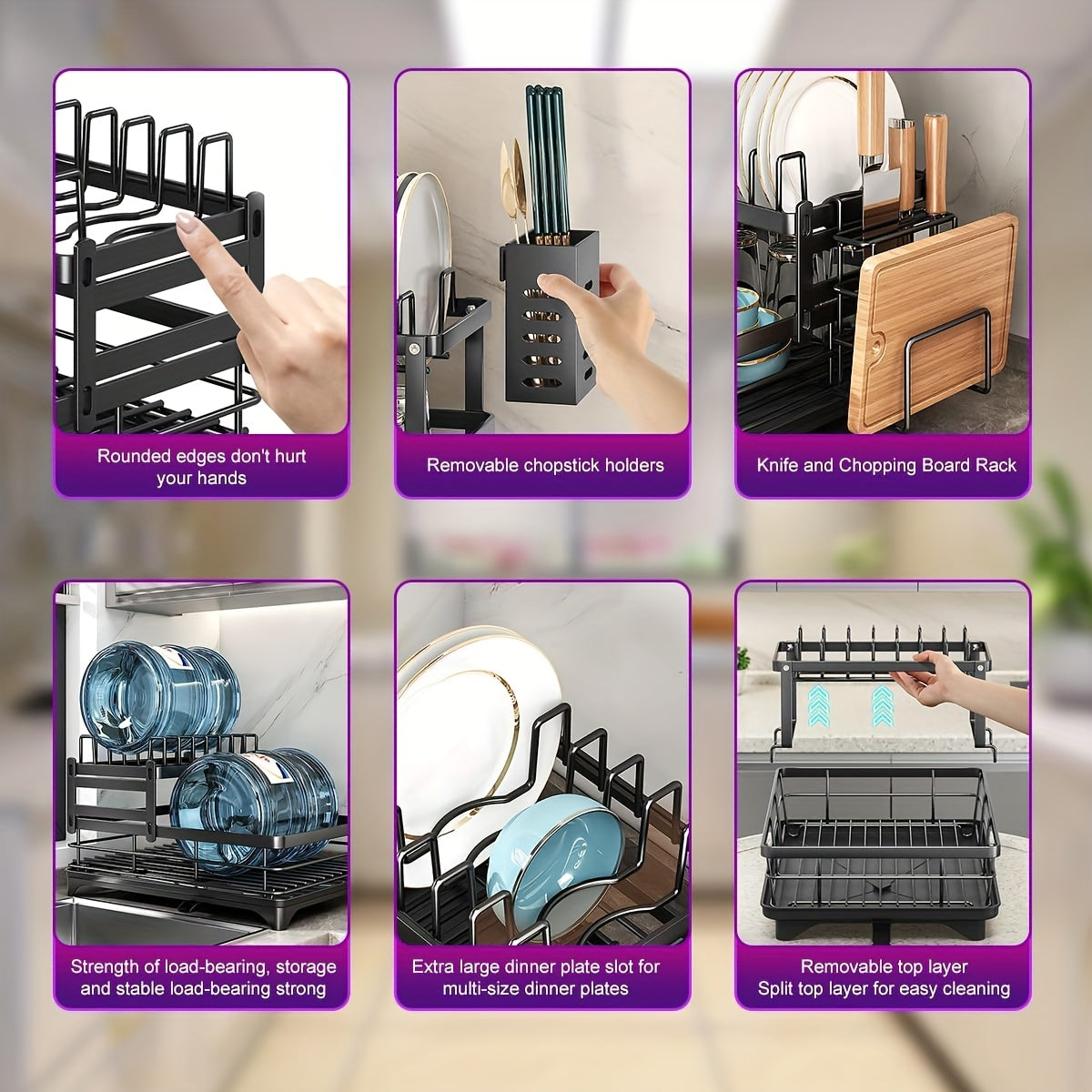 2-Tier Black Iron Kitchen Dish Rack - Large Capacity Organizer with Drainboard, Utensil Holder & Cup Hooks, Foldable Space-Saving Design for Plates, Bowls, Pots, Cutlery - Durable Powder-Coated Finish, Dish Drying Rack for Ki