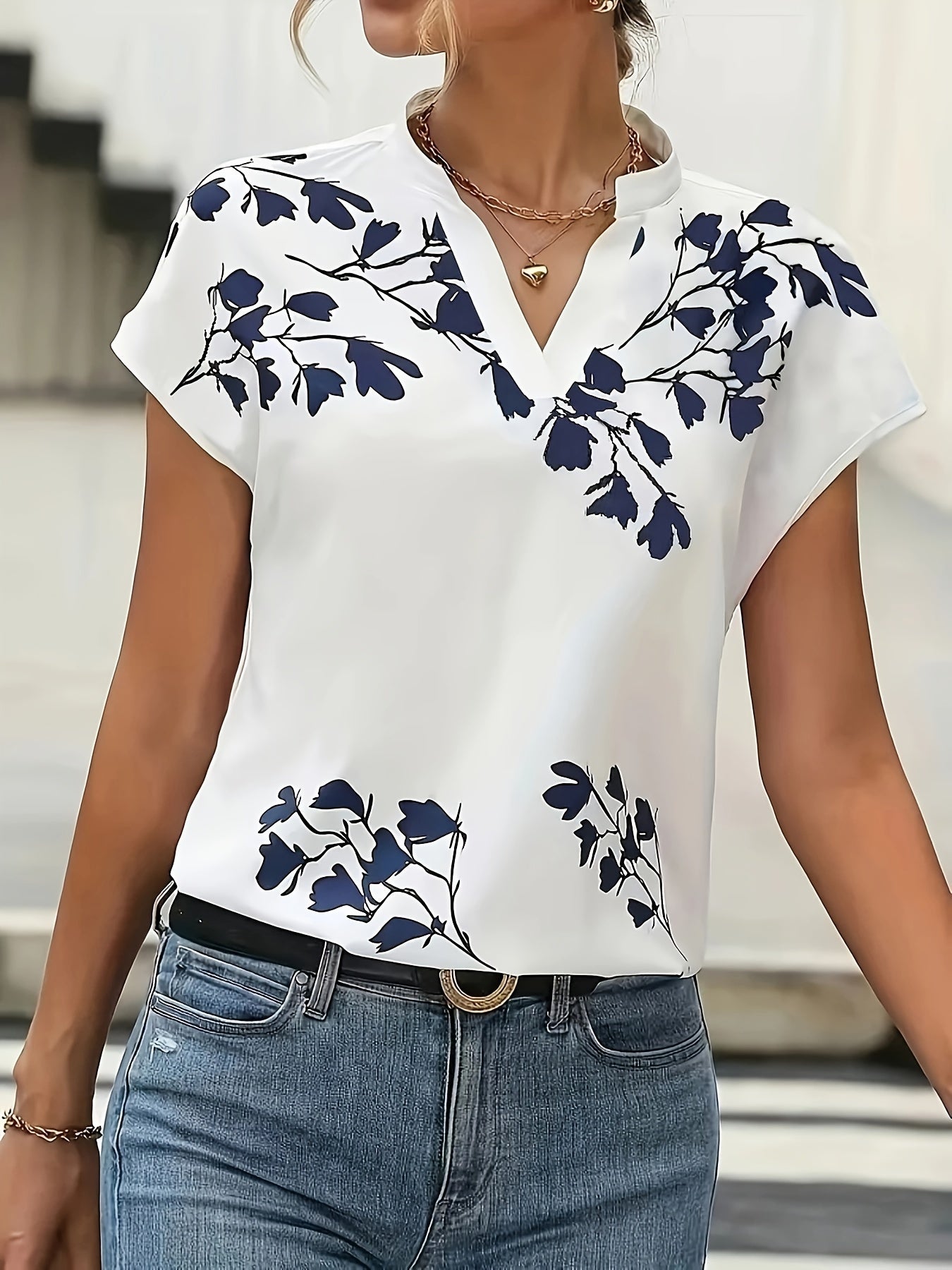 Floral Print V Neck Blouse, Boho Short Sleeve Top For Spring & Summer, Women's Clothing