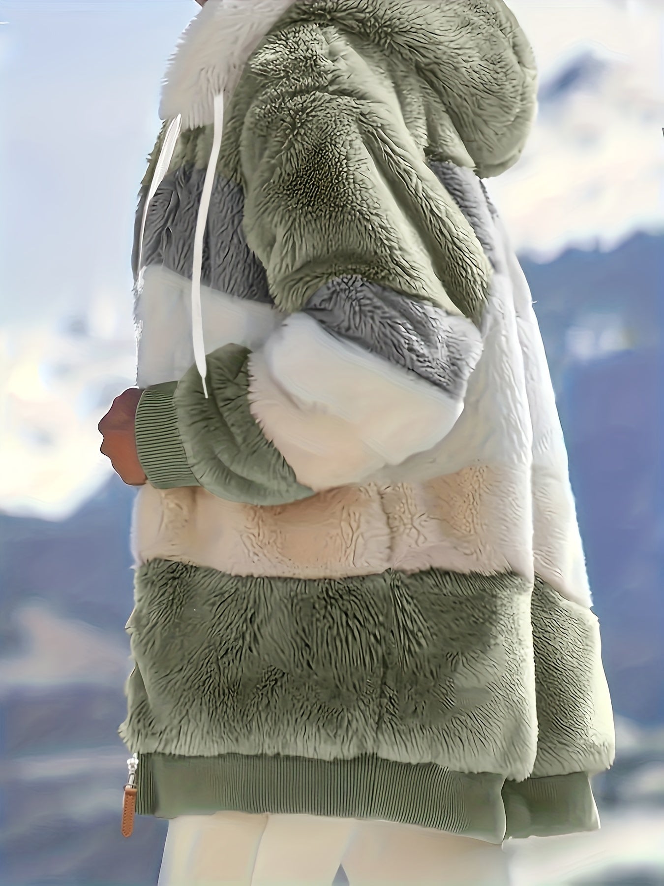 Women's Plush Faux Fur Hooded Jacket - Loose Fit Color Block Coat with Blue/Beige/White/Black Design, Long Sleeve Winter Warmth, Machine Washable for Casual & Formal Outfits, Ladies Winter Coats, Autumn Layering Piece, Formal