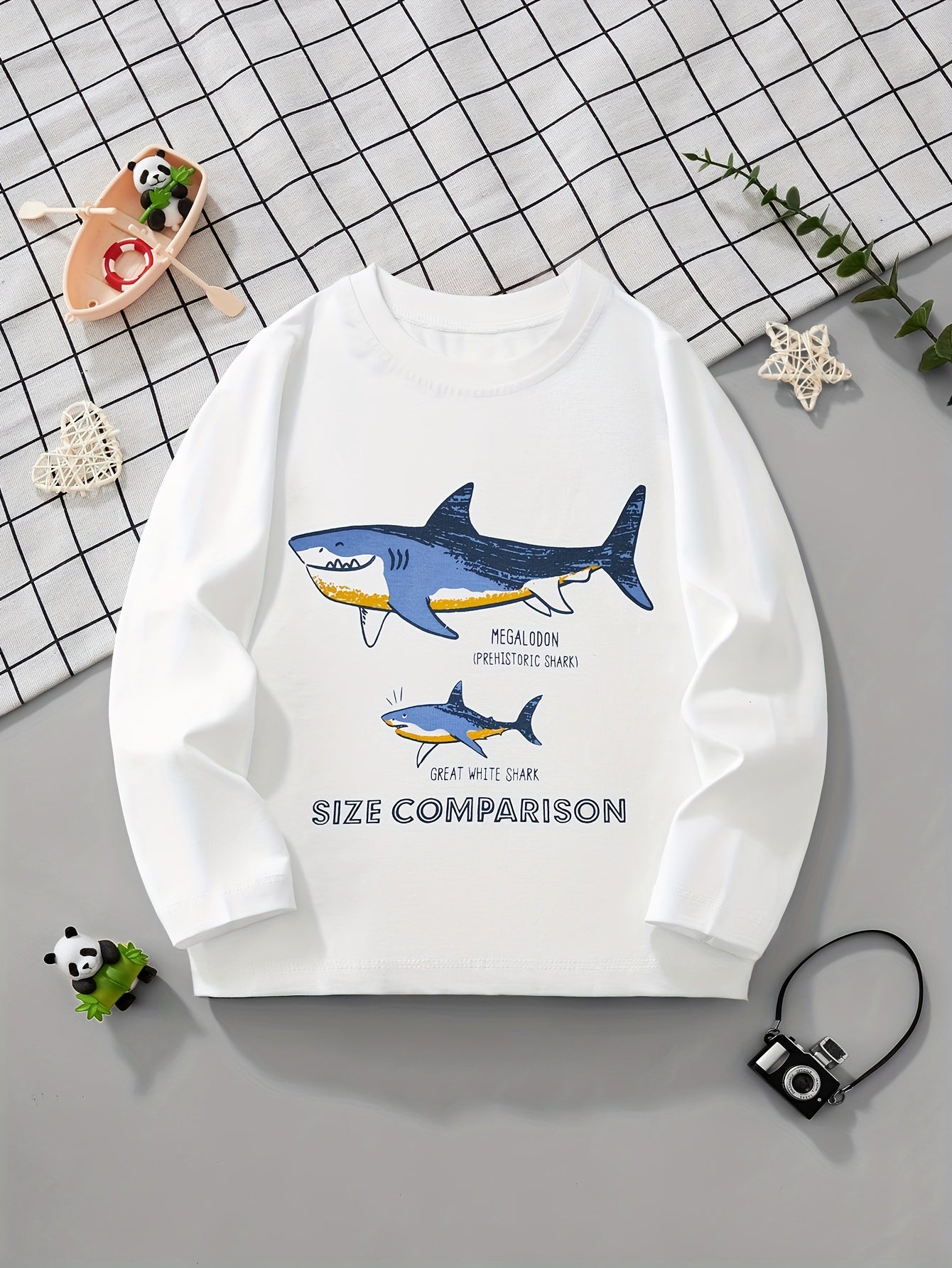 LITTLE BITTY Boys' Cotton Long Sleeve Crew Neck T-Shirt, Cartoon Shark Pattern, Casual Skinny Fit, Breathable Knit Fabric, Regular Sleeve, for Hiking & Outdoor, Weekend Casual Wear - Spring/Summer Collection
