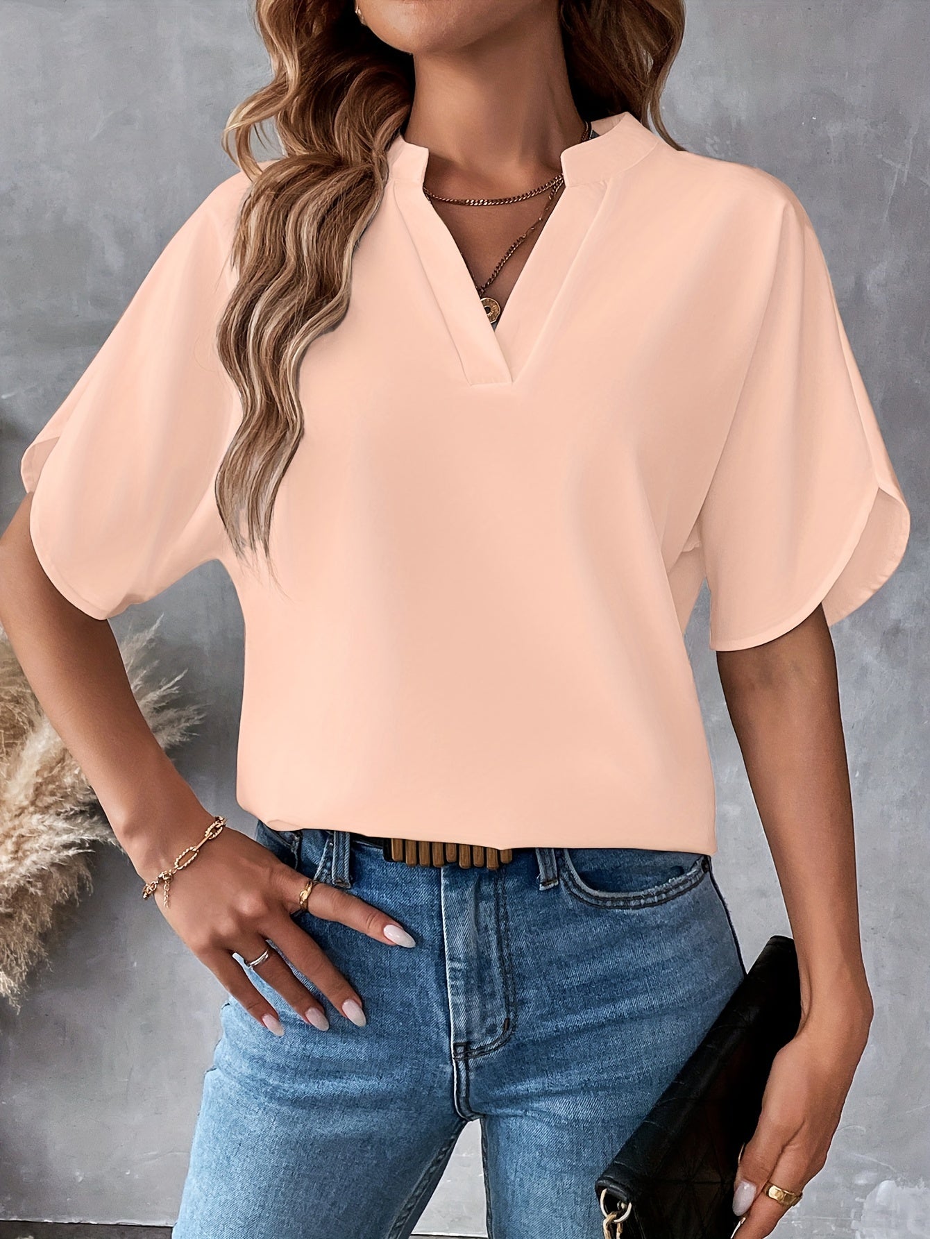 Solid Color Notch Neck Blouse, Casual Short Split Sleeve Blouse For Spring & Summer, Women's Clothing