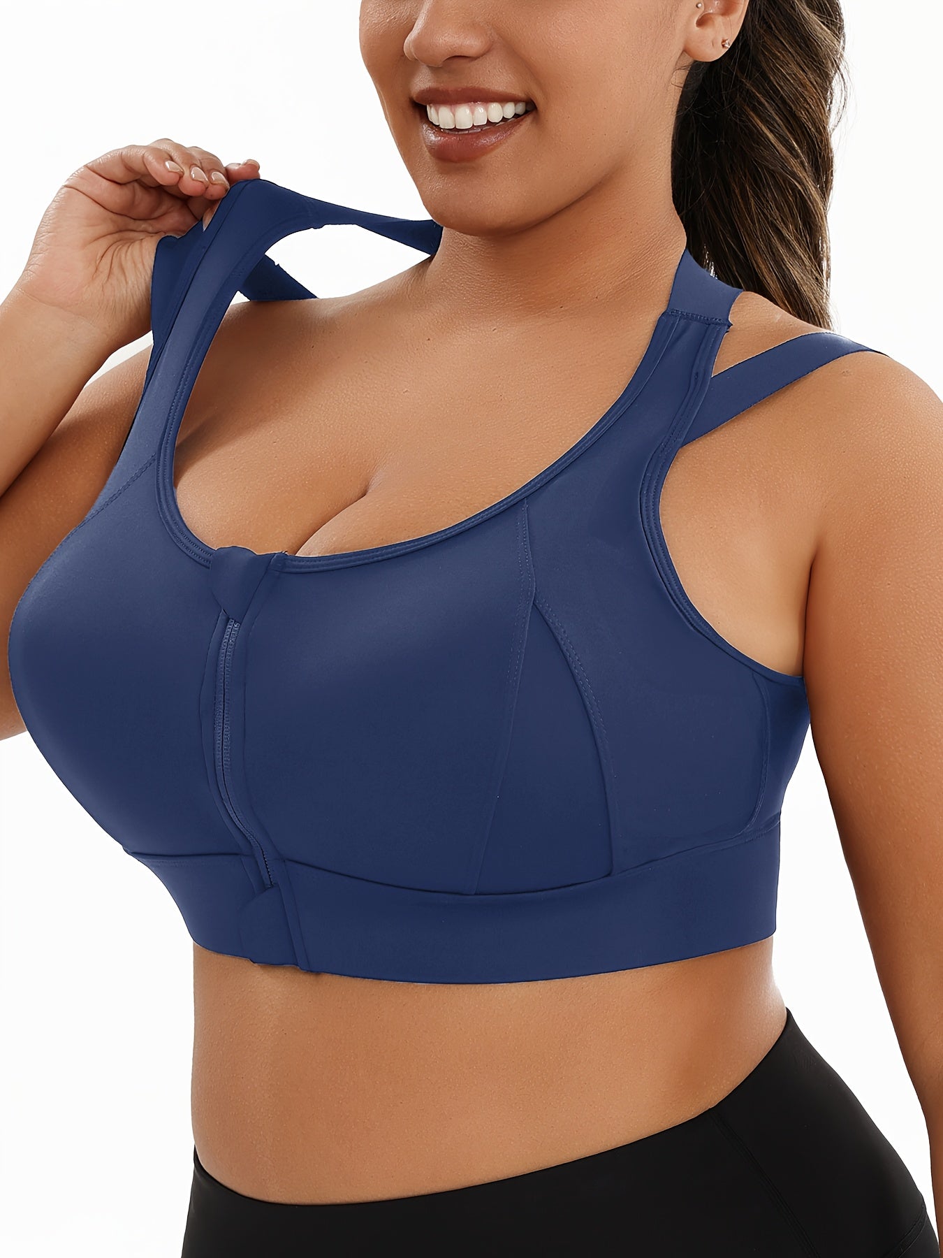 Women's Plus Size Sports Bra, Front Zip Closure, High Support Fitness Active Wear, Breathable Comfortable Lingerie, For Basketball Yoga Sports, Simple Look