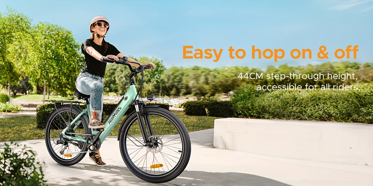 MileCity1 Step-Thru Electric Bike - Heavy-Duty Adult e-Bike with 250W Motor, 120KM Long Range, Front Suspension, 7-Speed Gears, LED Display, 66.04cm x 4.95cm All-Terrain Tires, Dual Brake System - Fast-Charging, for City Comm