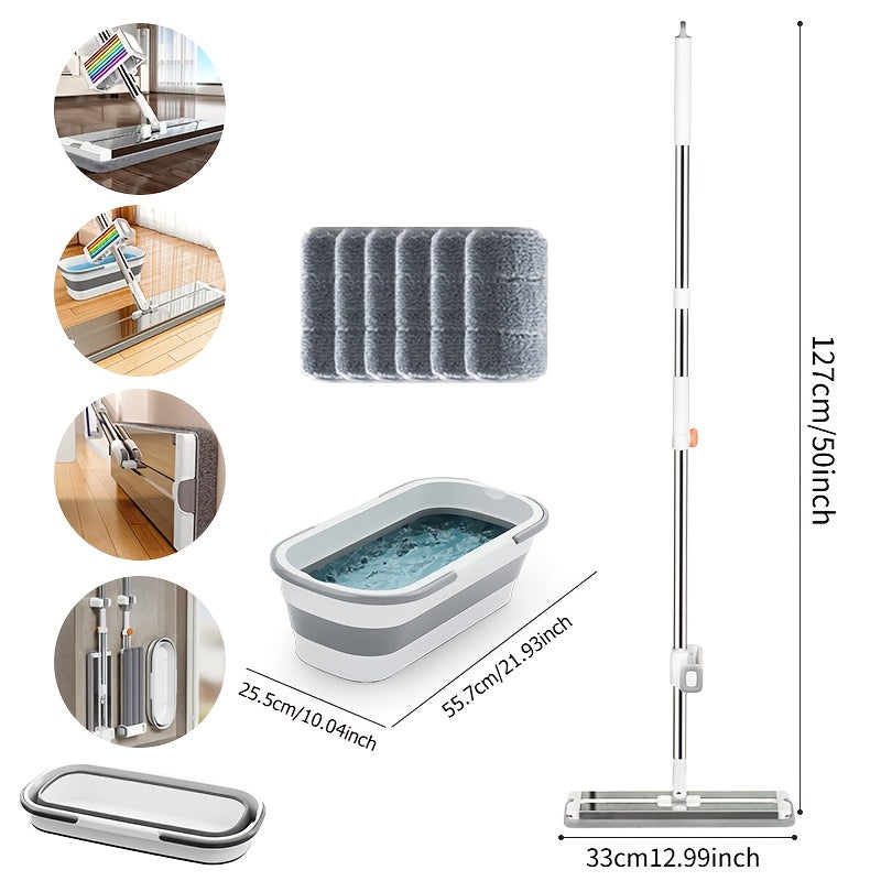360° Rotating Mop and Bucket Set with Built-in Wringer, Dual Use for Dry & Wet Cleaning Without Handwashing, 6pcs Reusable Pads Included, Stainless Steel Headboard Handle Suitable for Bedroom, Living Room Pet Hair Removal -