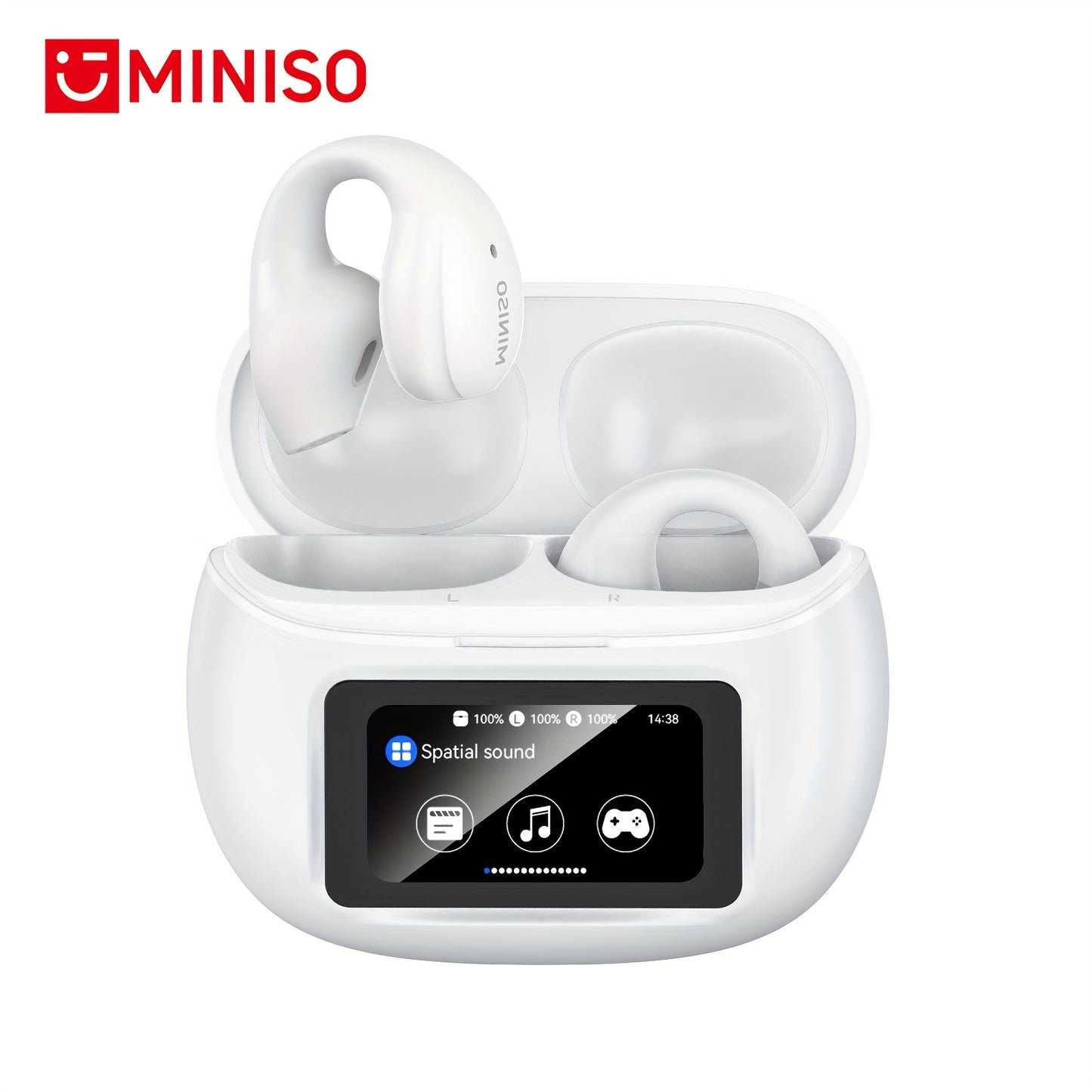 Miniso X29 Open-Ear Wireless Earbuds with Touch Screen & Full Color Display, HiFi Sound, Long Range Wireless Headphones, -C Charging Case, Built-in Mic, Compatible with / Smartphones, Compatible with 150+ Apps (Spanish/Englis