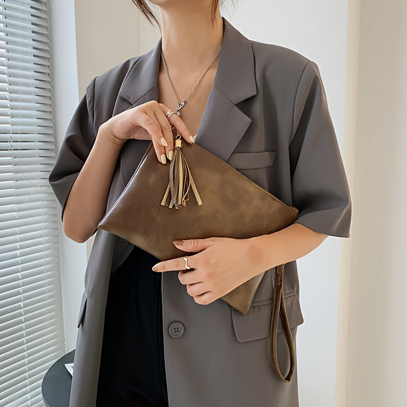 Women's Vintage Handbag & Wallet Clutch - Detachable Strap & Zipper Closure, Tassel Fringe Tassel Chain Strap, Golden-Tone Hardware, Deep Brown/Black Retro Wallet Purse for Everyday & Formal Events, Lining, Geometric Pattern,