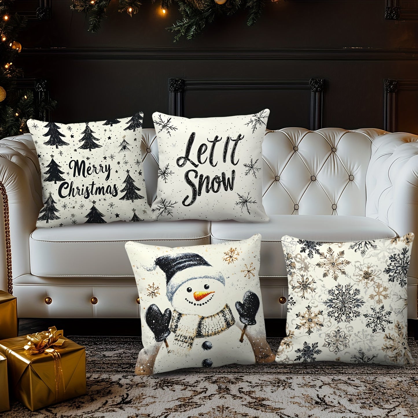 Set of 4 Christmas Throw Pillow Covers - Contemporary Style, 45.72x45.72 cm, Zipper Closure, Machine Washable, Polyester Decorative Pillowcases for Living Room, Holiday Snowman & Tree Design, Woven Fabric, Pillow Insert Not I