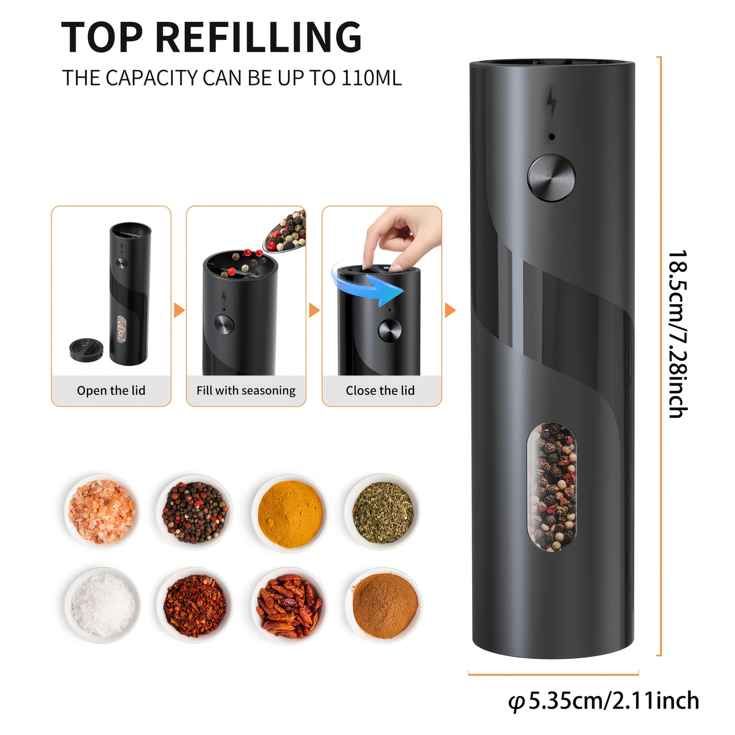 1pc or 2pcs Rechargeable Electric Salt & Pepper Grinder with LED Light - Automatic Salt & Pepper Mills, USB Charging, Adjustable Coarseness, 110ml Large Capacity, Ideal for Kitchen & Dining Use, Kitchen Spice Mill | Modern Ki