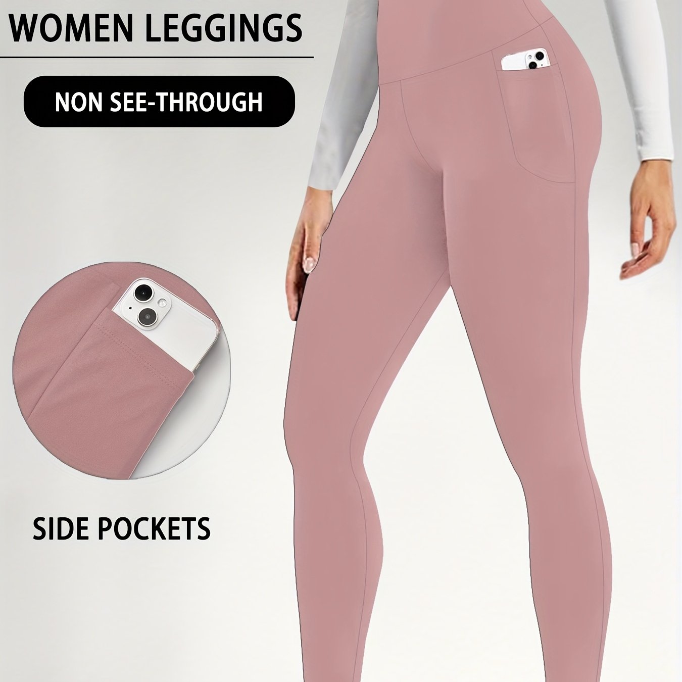 Women's High Waisted Super Soft Yoga Leggings with Pockets - Tummy Control, Stretchy Workout & Running Pants, Light Pink, Machine Washable, All-Season Comfort