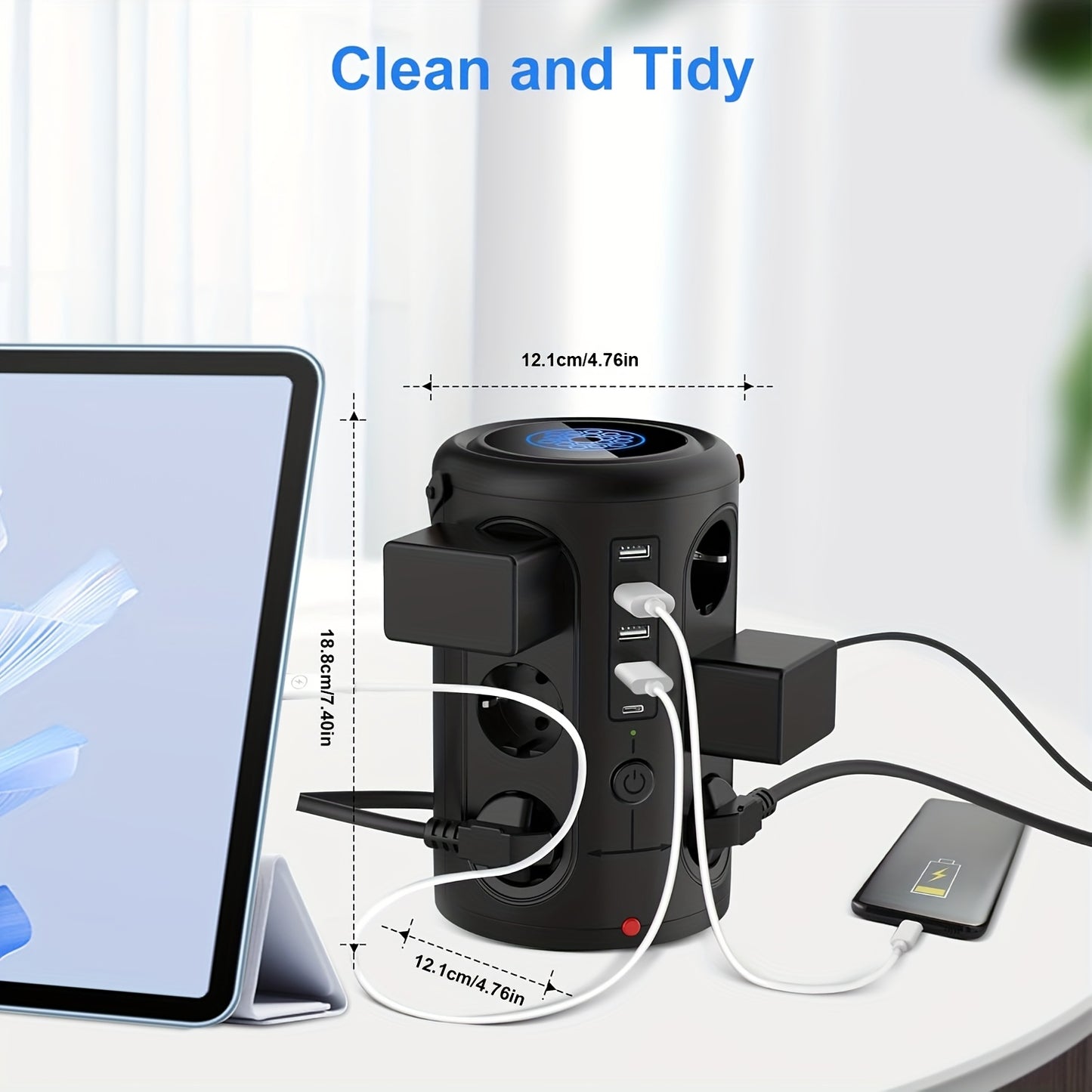 12-Slot Power Strip with 2 USB Fast Charging Ports, 2500W/10A, Voltage Protection, 2.8m Extension Cable, Desktop Tower Design & 2 Main Switches for Home/Office - EU Plug (Black)