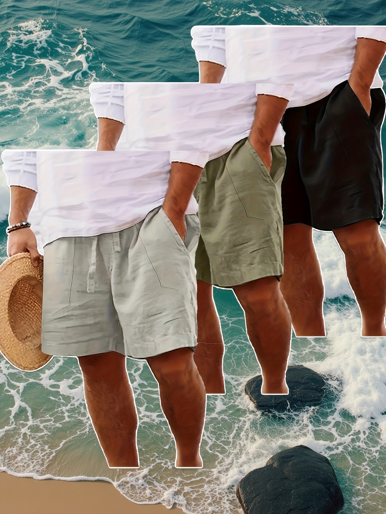 Men's Summer Shorts, Drawstring Elastic Waist, Straight Leg Solid Color Breathable Casual Beach Capri Pants - Three-Pack