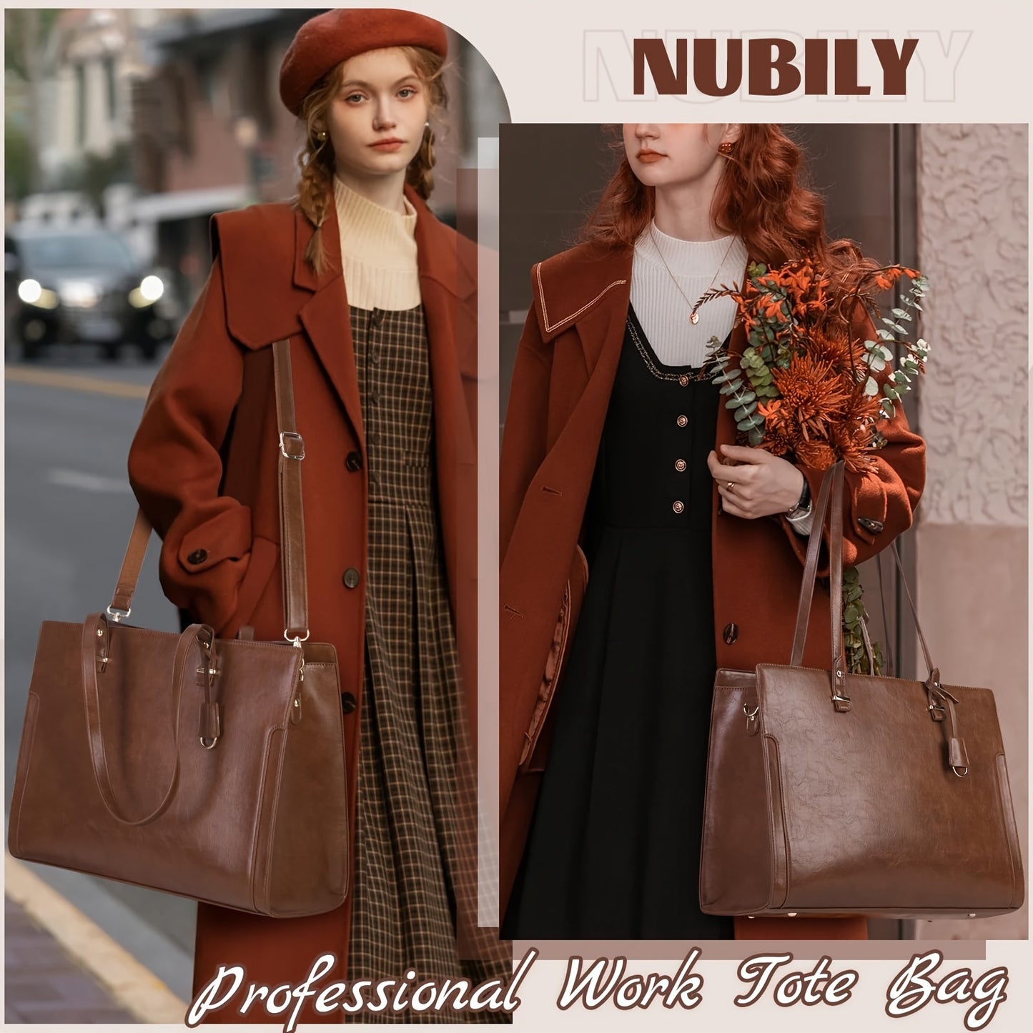 Vintage Brown Laptop Tote Bag for Women - 39.62 cm High Quality Business Office Shoulder Handbag with Multiple Compartments, Adjustable Strap & Golden-Tone Hardware, Textured Finish, Laptop Bag