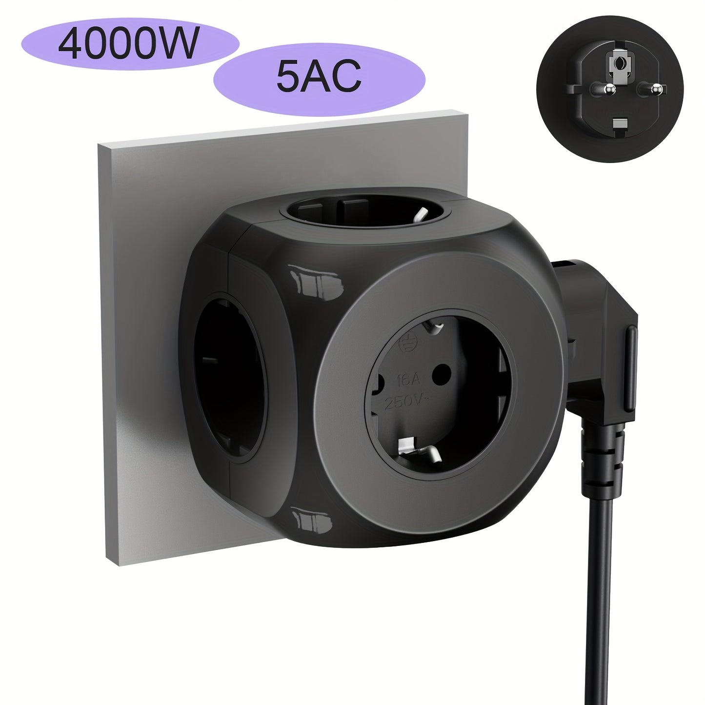 Tomada elétrica padrão europeia 5 em 1, extensão de parede com 5 fichas europeias – Resolva a falta de tomadas na sala de estar, quarto, escritório e cozinha.