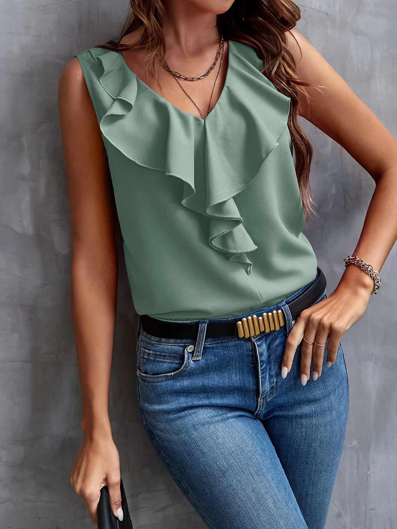 Ruffle Trim V-neck Loose Blouse, Elegant Sleeveless Blouse For Spring & Summer, Women's Clothing