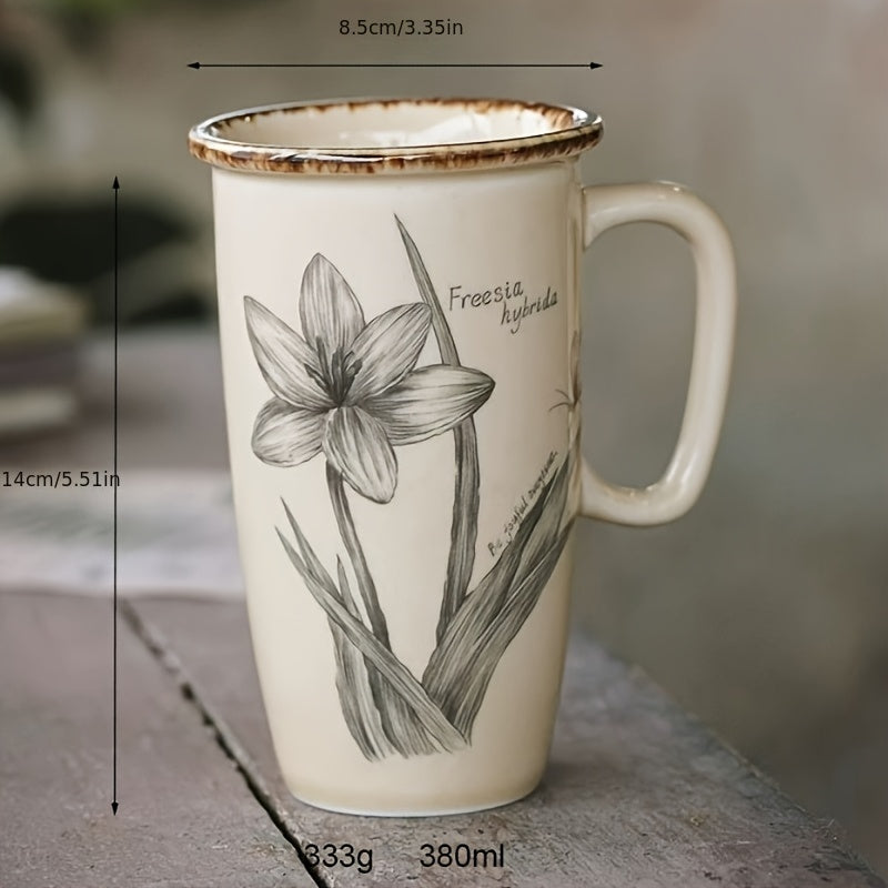 Vintage Ceramic Mug Large Capacity Flower Cup French Home Office Coffee Cup Water Cup Latte and Herbal Tea Cup, Best for Christmas, Perfect for Thanksgiving