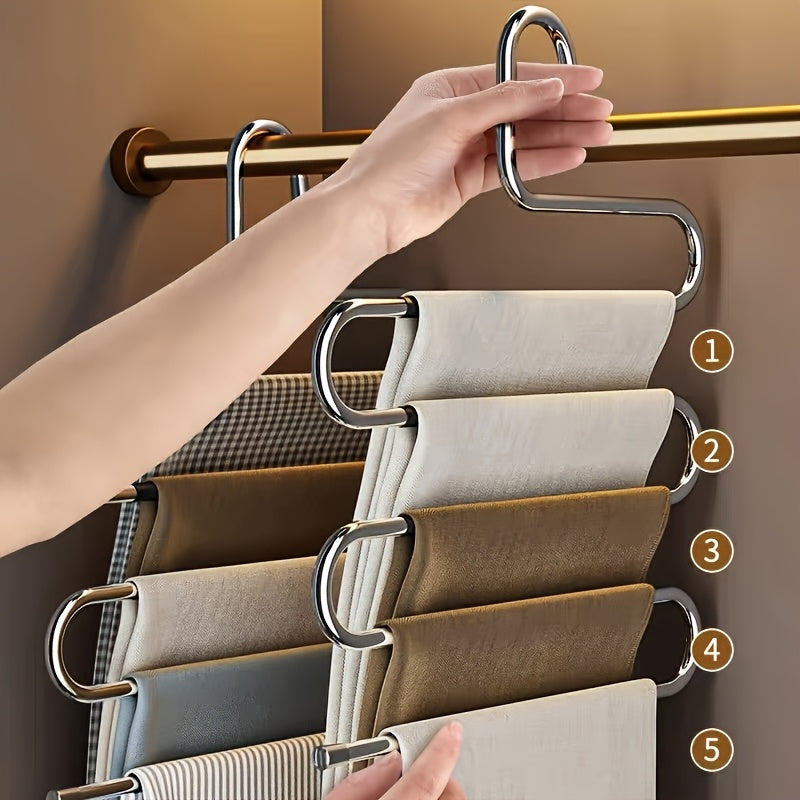 5-Tier Stainless Steel S-Shaped Pants Hanger - Non-Slip, Space-Saving Multi-Layer Jeans and Trousers Organizer with Polished Finish, Durable Metal Wardrobe Storage Solution for Neat Closet Organization