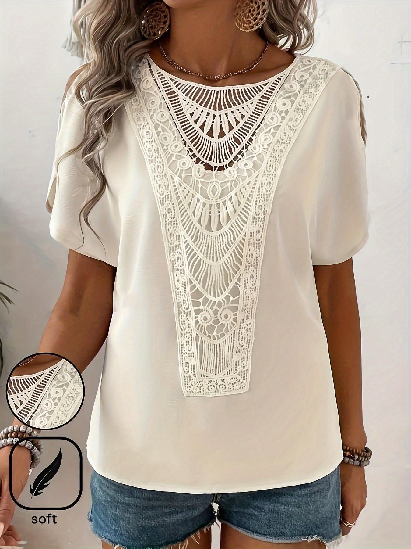 Contrast Lace Crew Neck Blouse, Elegant Solid Split Sleeve Blouse For Spring & Summer, Women's Clothing