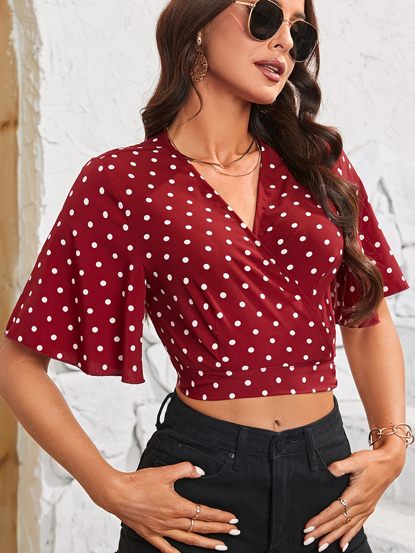 Polka Dot Print Surplice Neck Blouse, Elegant Ruffle Sleeve Crop Top For Spring & Summer, Women's Clothing