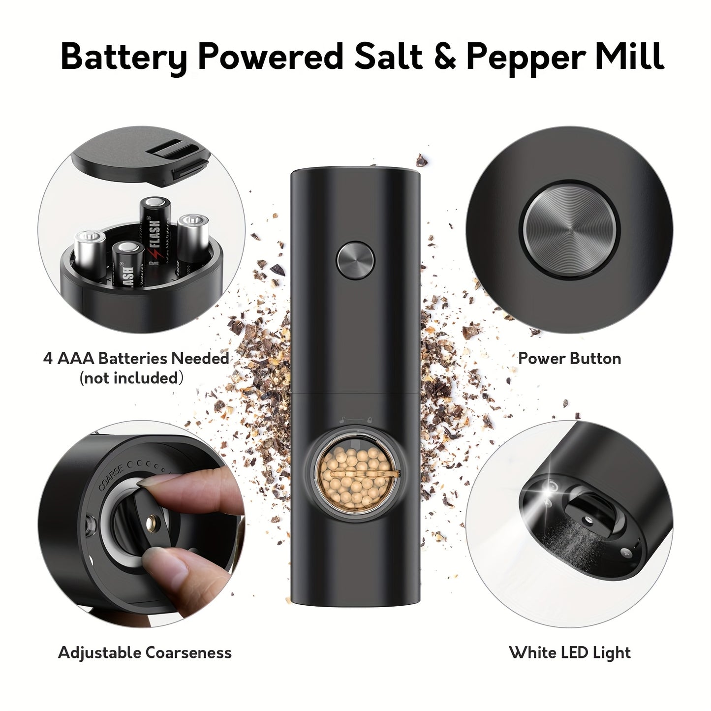 Single or Double Pack Options, Includes Base for Two-Pack - Electric Salt and Pepper Grinder with One Hand Operation, Battery Powered, Adjustable Coarseness, LED Light & Stand, Suitable for Kitchens, Food Seasoning Device, Di