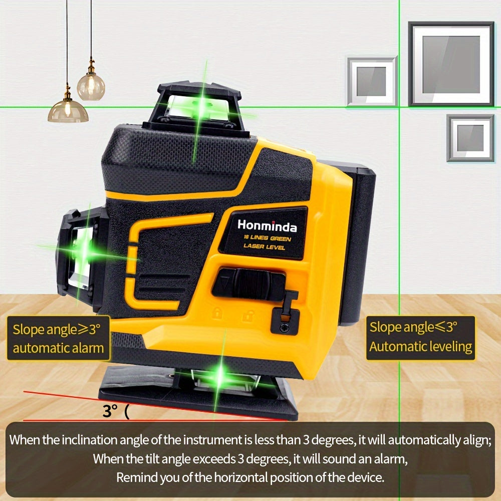 Honminda 16-Line 360° Self-Leveling Laser Level with Green Beam, 4x360° Vertical/Horizontal Cross Lines, Rechargeable Battery & Remote Control, Lifting Base & Tripod Included for Construction, Photography, Videography, Vide