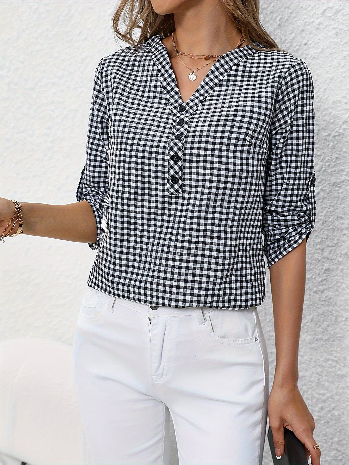 Plaid Print Button Notched Neck Blouse, Casual Rolled Sleeve Blouse For Spring, Women's Clothing