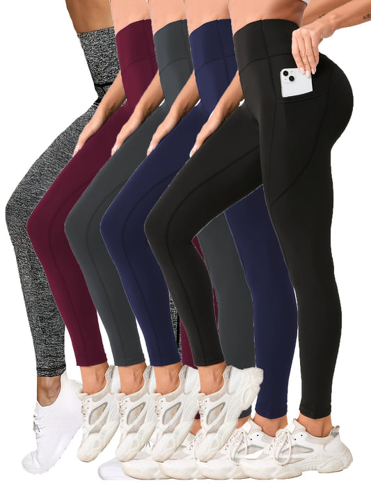 5pcs Women's High-Waist Yoga Leggings with Pockets - Ultra Soft, Tummy Control, Non-See-Through Workout & Running Tights