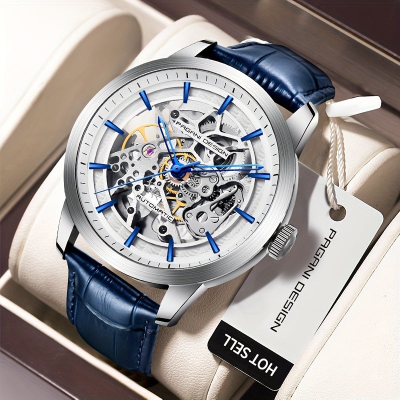 Pagani Design 2023 Men's Automatic Skeleton Watch, Self-Winding, Stainless Steel, Leather Strap, Pointer Series, Water Resistant To 100 Meters Sports Leather Watch