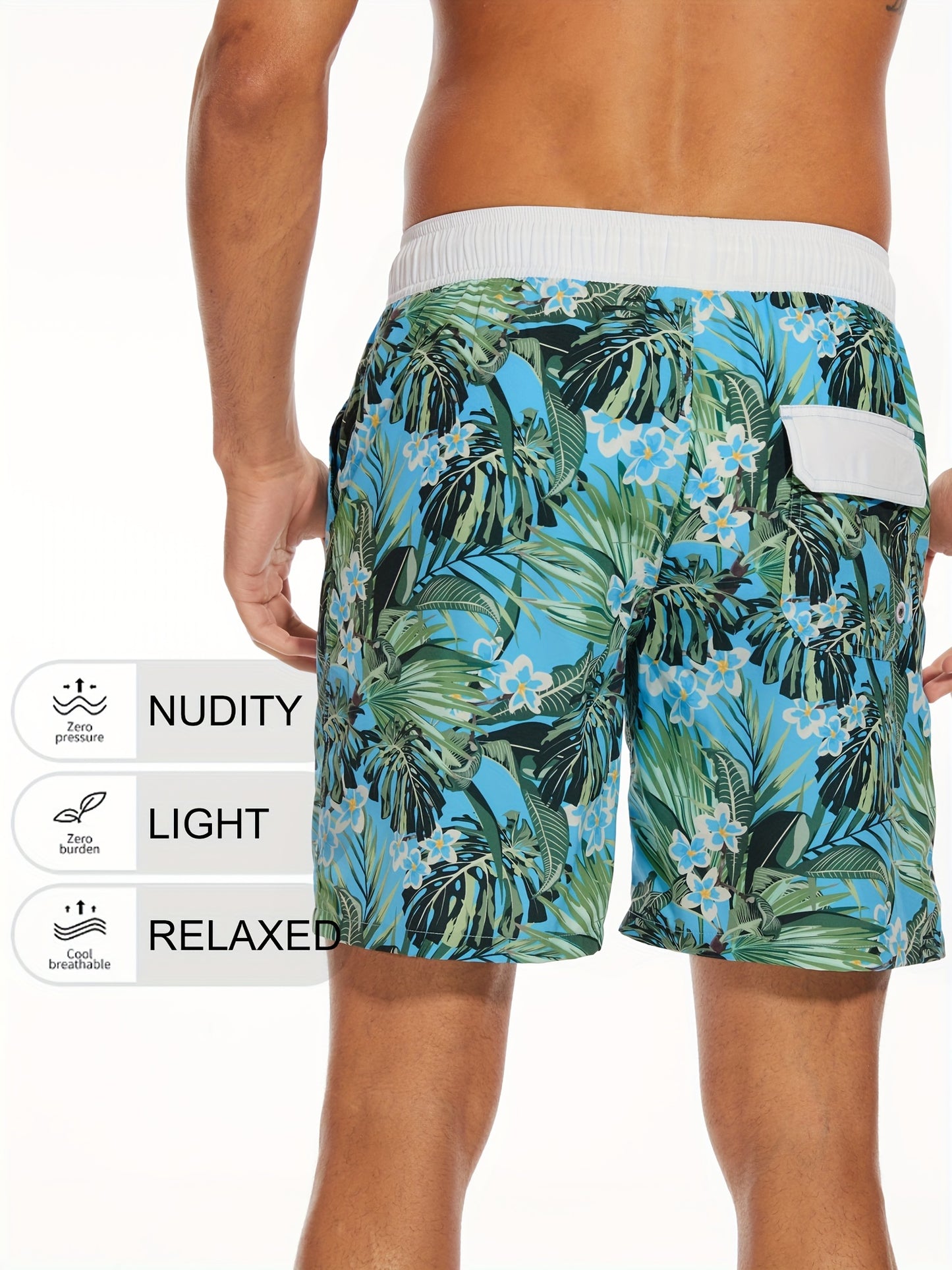 Men's Quick-Dry Beach Shorts with Tropical Palm Tree & Palm Leaf Print - Breathable Stretch Fabric for Summer, Outdoor, Hiking, Swimming - Machine Washable Casual Athletic Shorts, Outdoor Activewear, Summer Shorts
