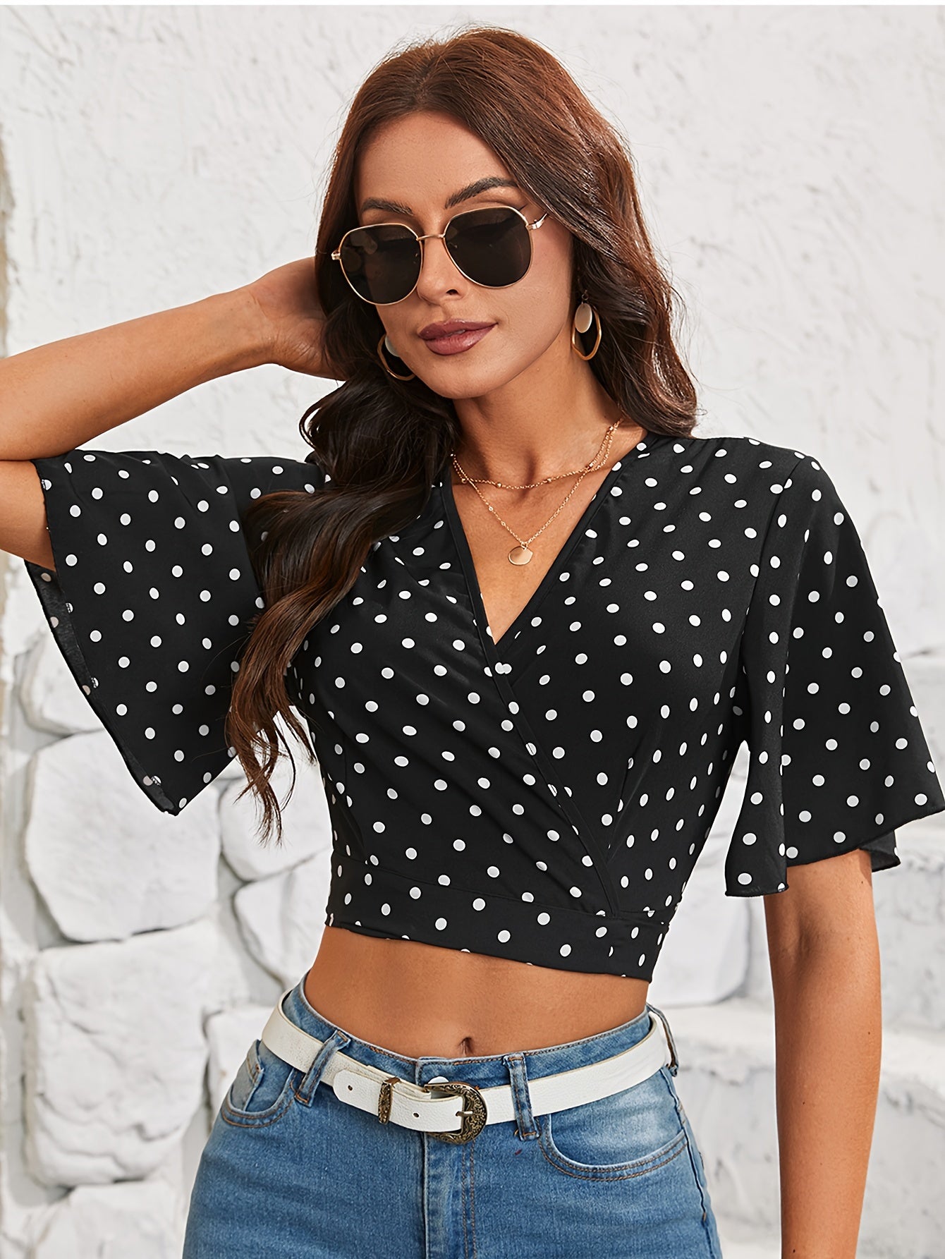 Polka Dot Print Surplice Neck Blouse, Elegant Ruffle Sleeve Crop Top For Spring & Summer, Women's Clothing