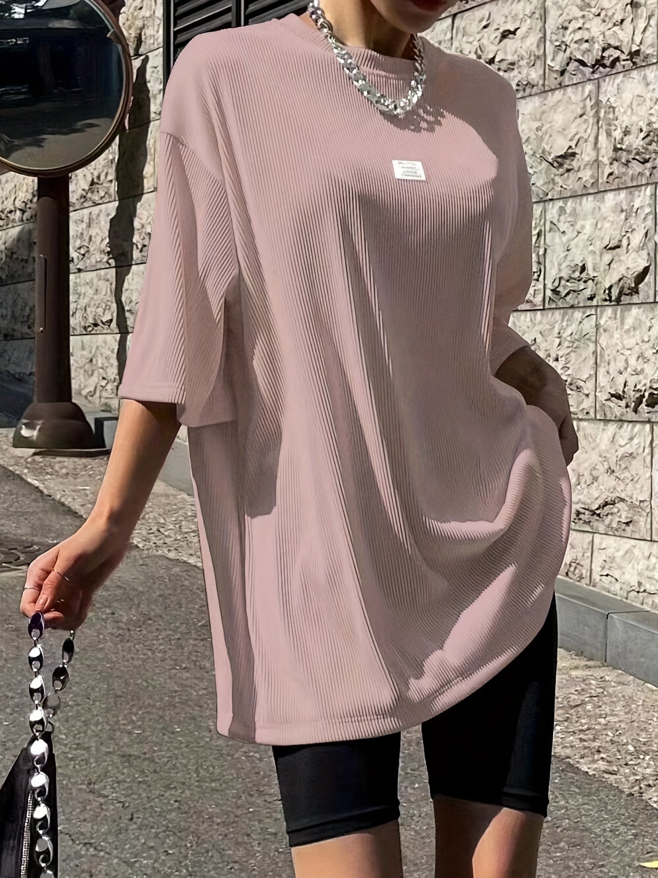 Oversized Drop Shoulder Ribbed T-Shirt, Casual Crew Neck Short Sleeve T-Shirt For Spring & Summer, Women's Clothing