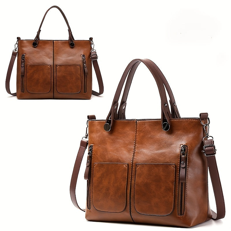 Vintage-Style Large Capacity Tote Bag for Women - Brown Shoulder & Crossbody Purse with Multiple Compartments, Adjustable Strap, and Zipper Closure, Secure Travel Bag | Elegant Accessory | Functional Zipper Pockets