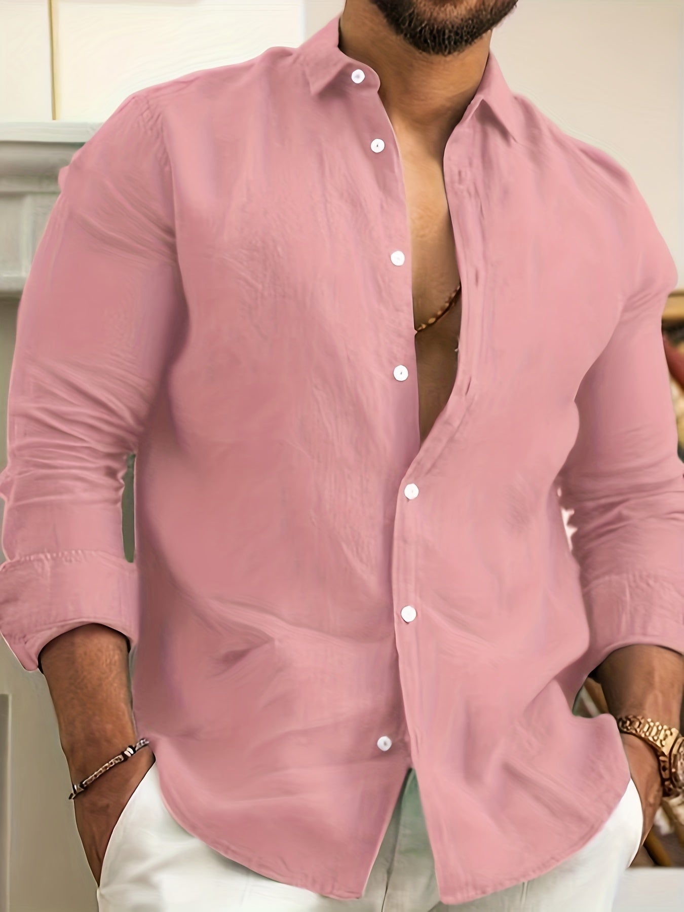 Solid Color Men's Cotton Long Sleeve Button Up Shirt, Men's Spring Fall Lapel Top