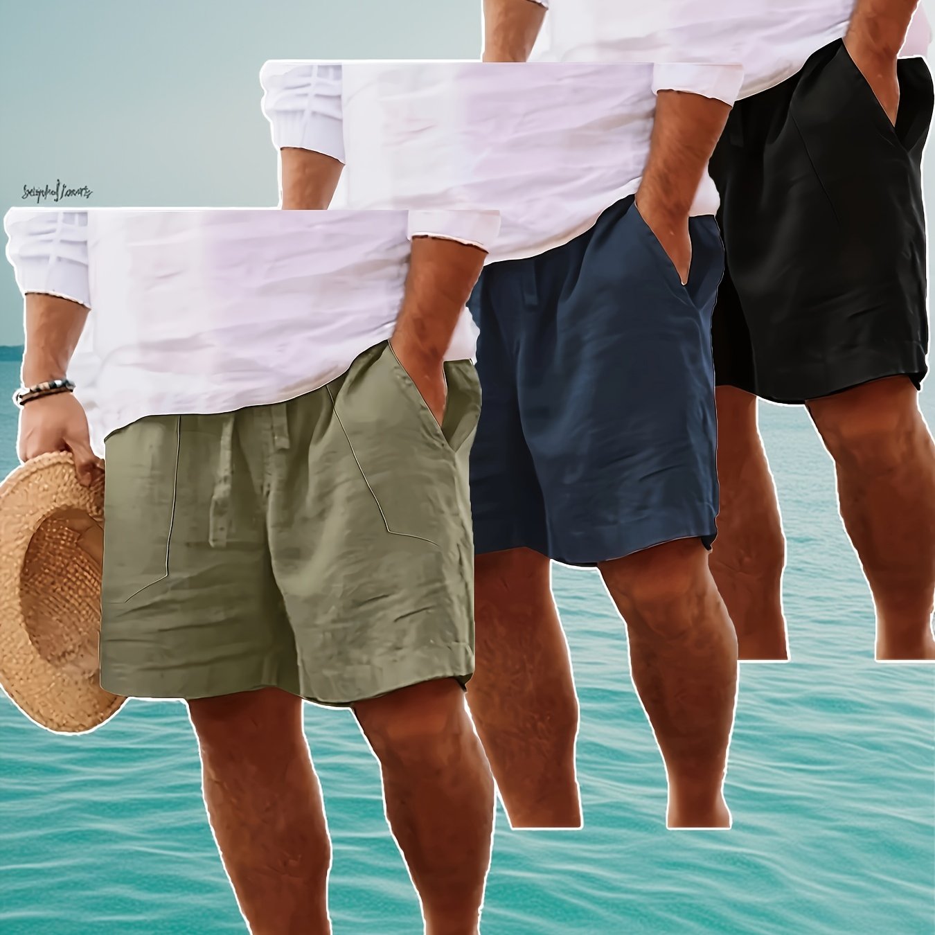 Men's Summer Shorts, Drawstring Elastic Waist, Straight Leg Solid Color Breathable Casual Beach Capri Pants - Three-Pack