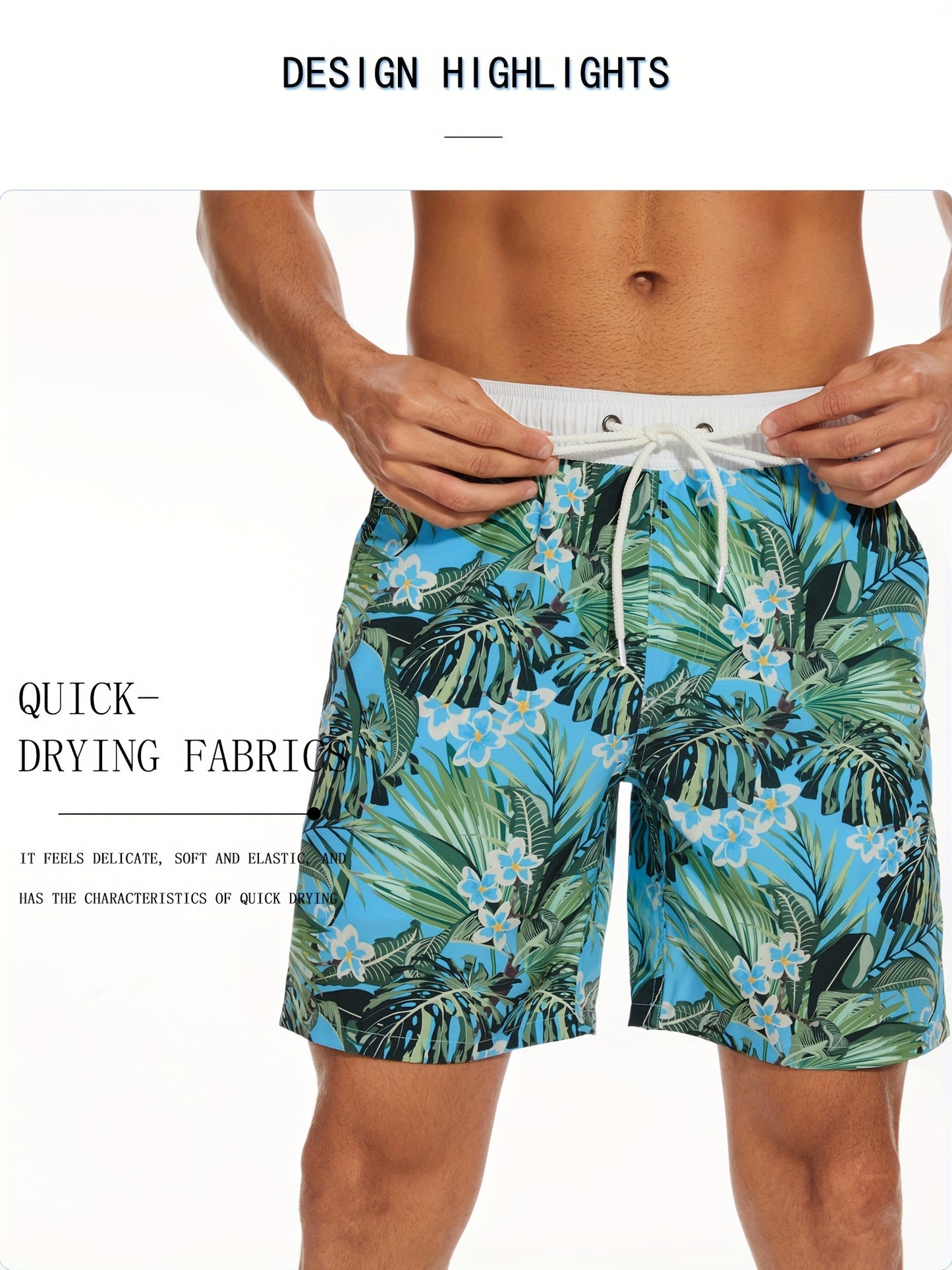 Men's Quick-Dry Beach Shorts with Tropical Palm Tree & Palm Leaf Print - Breathable Stretch Fabric for Summer, Outdoor, Hiking, Swimming - Machine Washable Casual Athletic Shorts, Outdoor Activewear, Summer Shorts