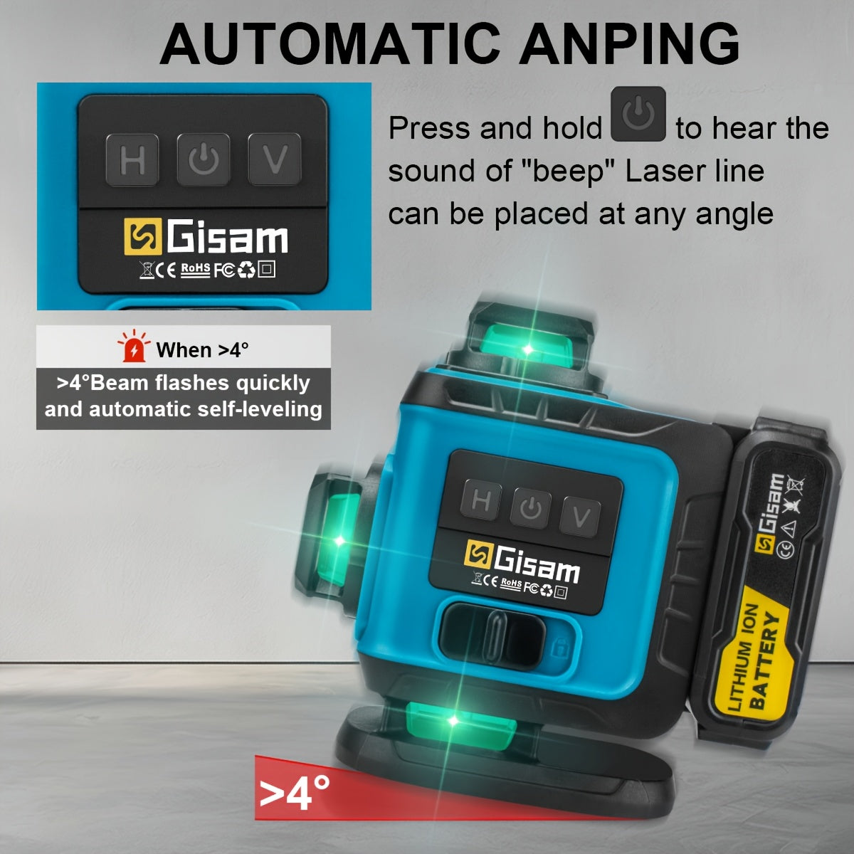 Gisam Multifunctional 16 Lines 4D Green Laser Level with Tripod & App Control, 360° Self-Leveling Horizontal & Vertical Cross Lines, USB & Battery Powered, Includes Carrying Case, Super-Powerful Beam, Portable Design for Ind