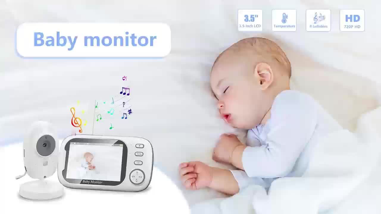 Babyphone com ecrã LCD de 8,89 cm e resolução 720p, alcance de transmissão sem fios de 274,32 metros, visão noturna automática, chamadas de áudio bidirecionais, sensor de temperatura, 8 canções de embalar e editor integrado. Design compacto e portátil.