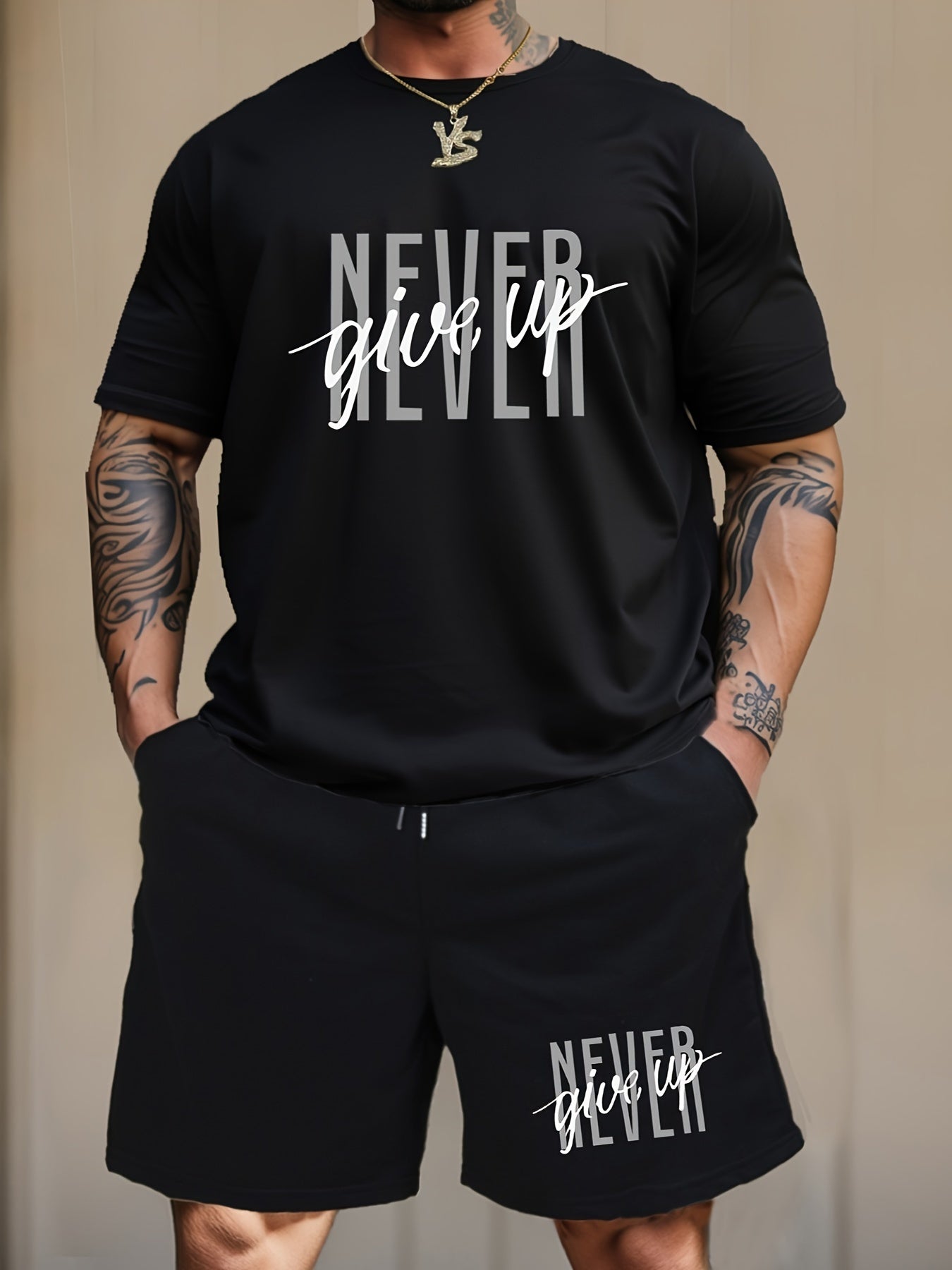 Men's Fashion NEVER GIVE UP Letter Print Loungewear Set, Short Sleeve Crew Neck Graphic T-shirt & Drawstring Shorts With Pockets, Casual Pajama Set, Men's 2piece Outfits